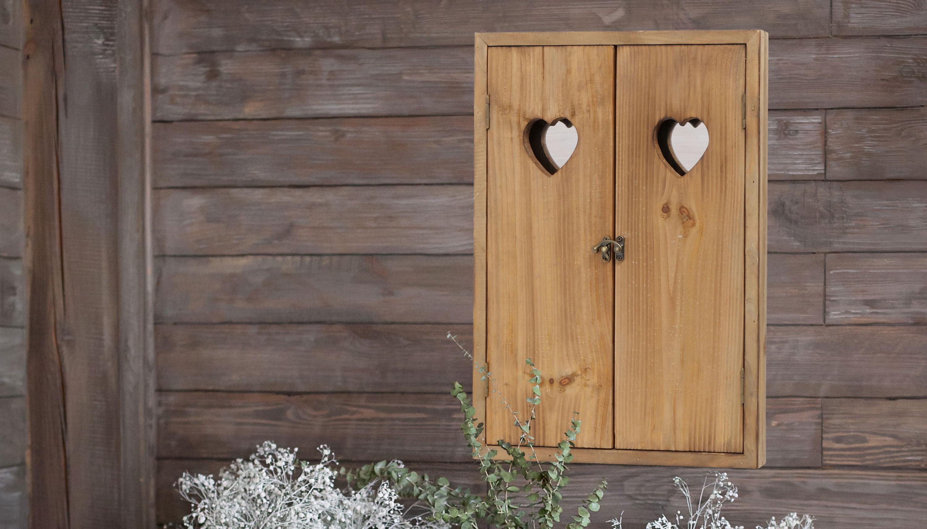 thumbnail video image 2 of Stockbridge Shutter Mirror, Rustic Heart Cut-Outs, Fir Wood Frame and Doors, Metal Swing Latch, Cross Post Grille, Triangle Hangers, 22.25 Wide x 17.75 H Inches, 2 of 9