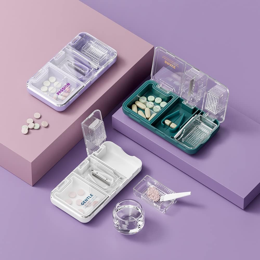 thumbnail video image 2 of Pill Crusher Cutter Splitter,  3 in 1 Multi-Functional Pill Cutter Crusher, Portable Travel Purse Pill Box Case Holder, Medicine Grinder Container for Cutting Vitamin Tablet, 2 of 8