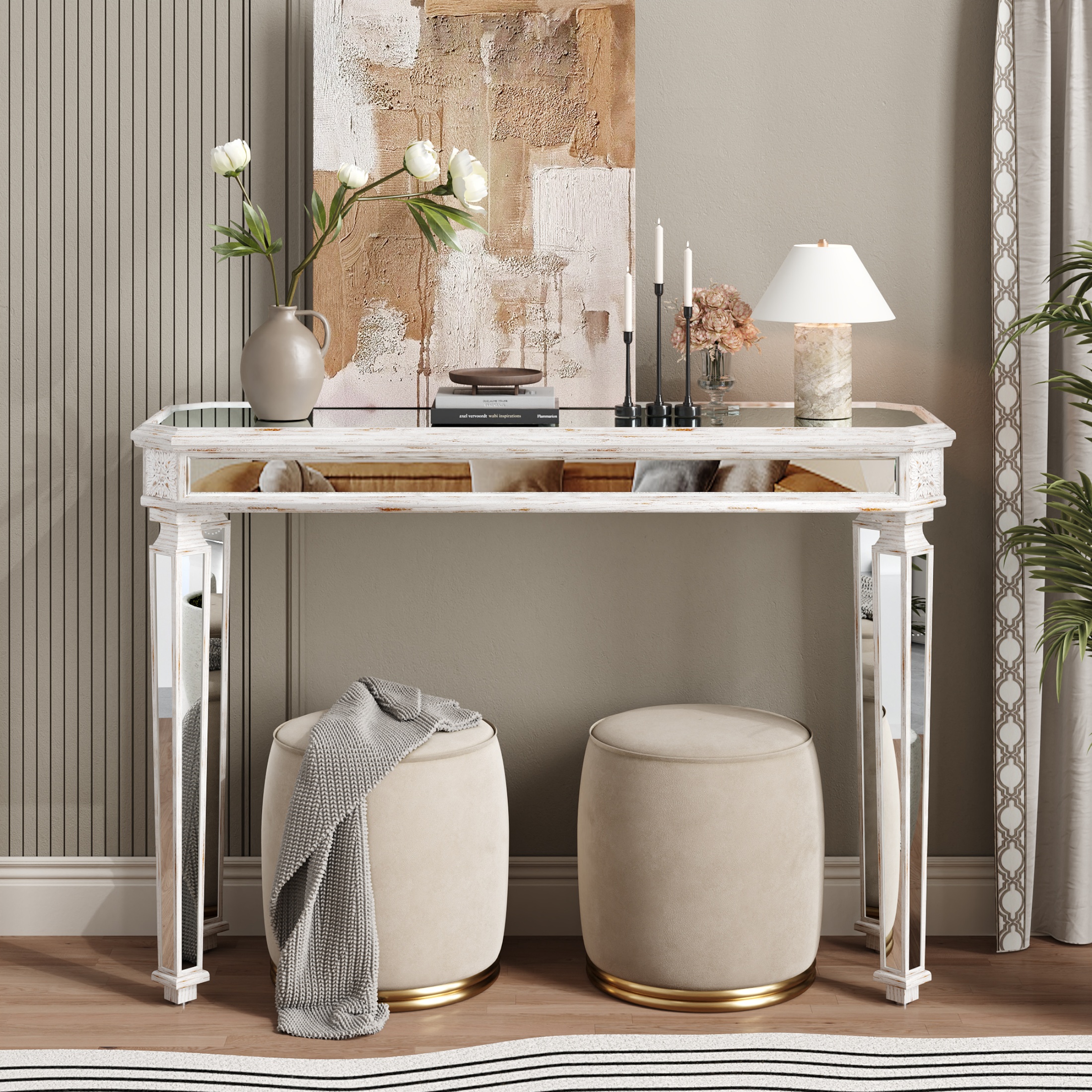 thumbnail video image 2 of Atumcto 48" Modern Vintage Mirrored Console Table with Wood Grain & Carved Edge, Decorative Entryway Accent Sofa Table for Home Living Room & Hallway, 2 of 10