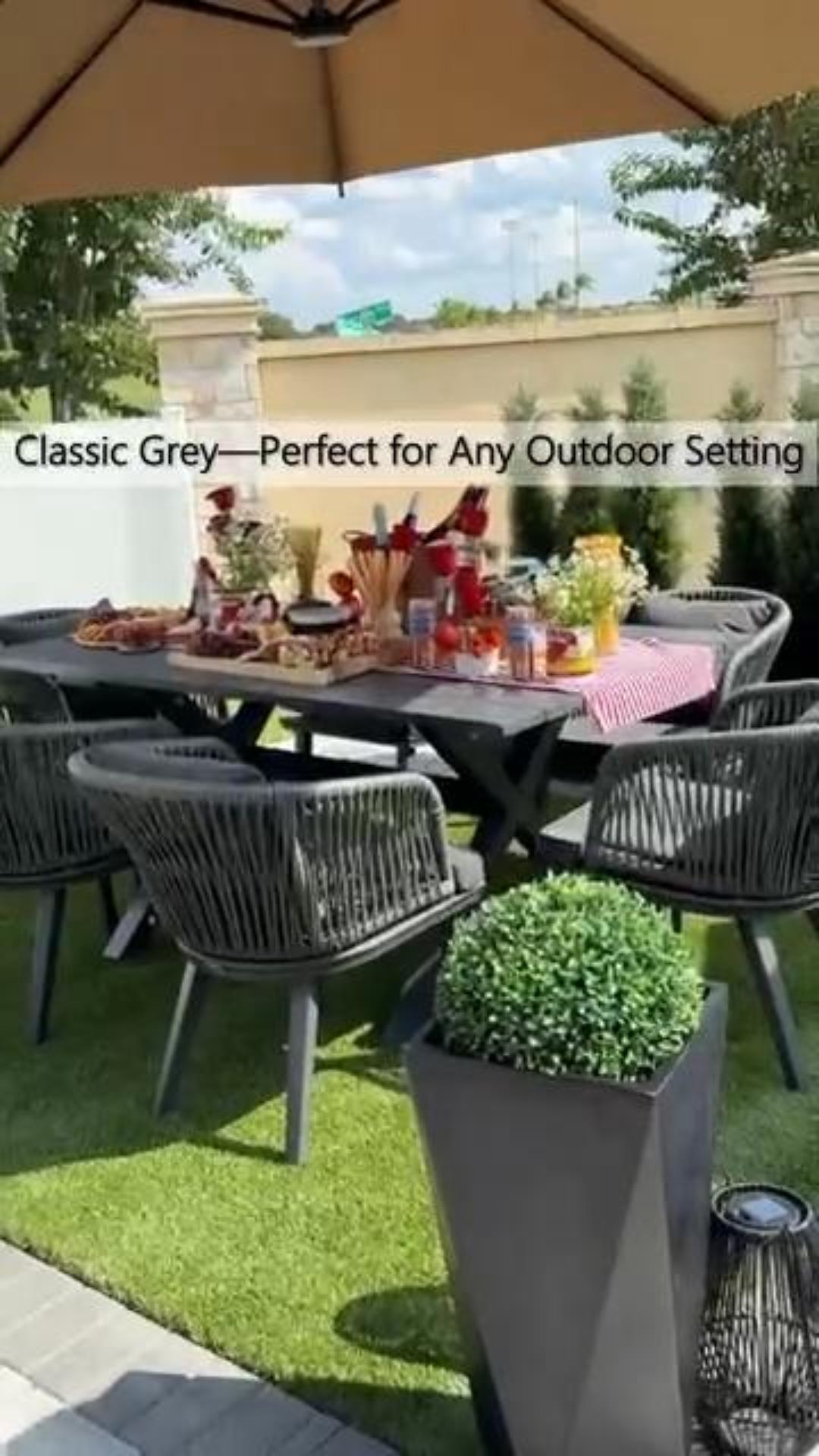 thumbnail video image 2 of PURPLE LEAF 7 Pieces Patio Dining Set, Rectangular Aluminum Outdoor Table and 6 Wicker Chairs with Cushions for Garden Kitchen and Porch, Grey, 2 of 11