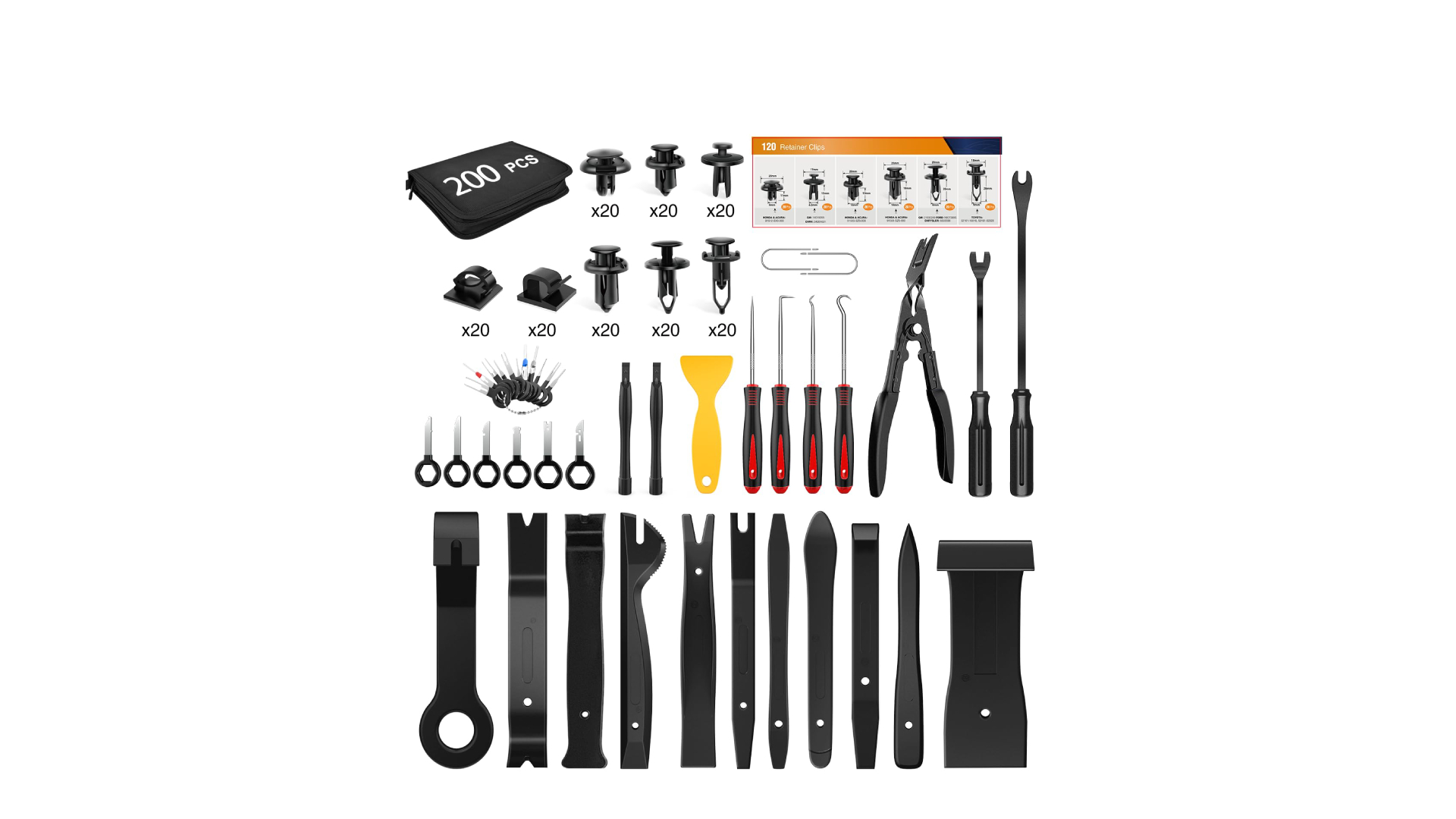 thumbnail video image 2 of GOOACC 200Pcs Trim Removal Tool, Auto Push Pin Bumper Retainer Clip Set Fastener Terminal Remover Tool Adhesive Cable Clips Round Handle Crowbar Kit Car Panel Radio Removal Auto Clip Pliers, Black, 2 of 8
