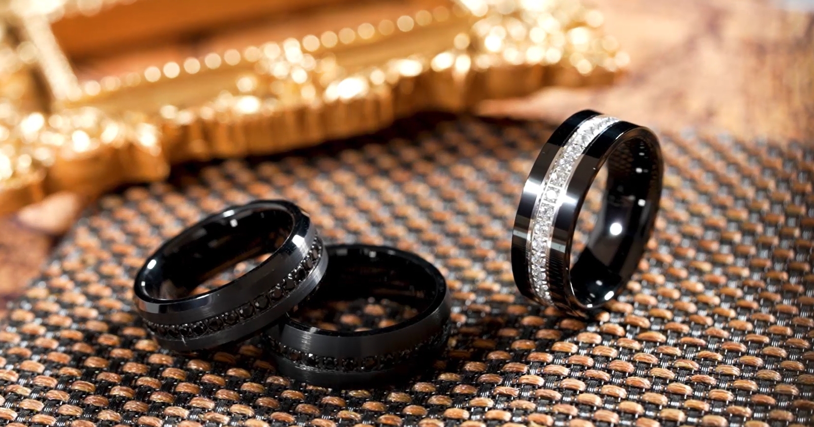 thumbnail video image 2 of King Will Mens 8mm Black Polished Finish Tungsten Carbide Ring Cubic Zircon Stones Flat Style Wedding Band Comfort Fit Size 9, 2 of 8