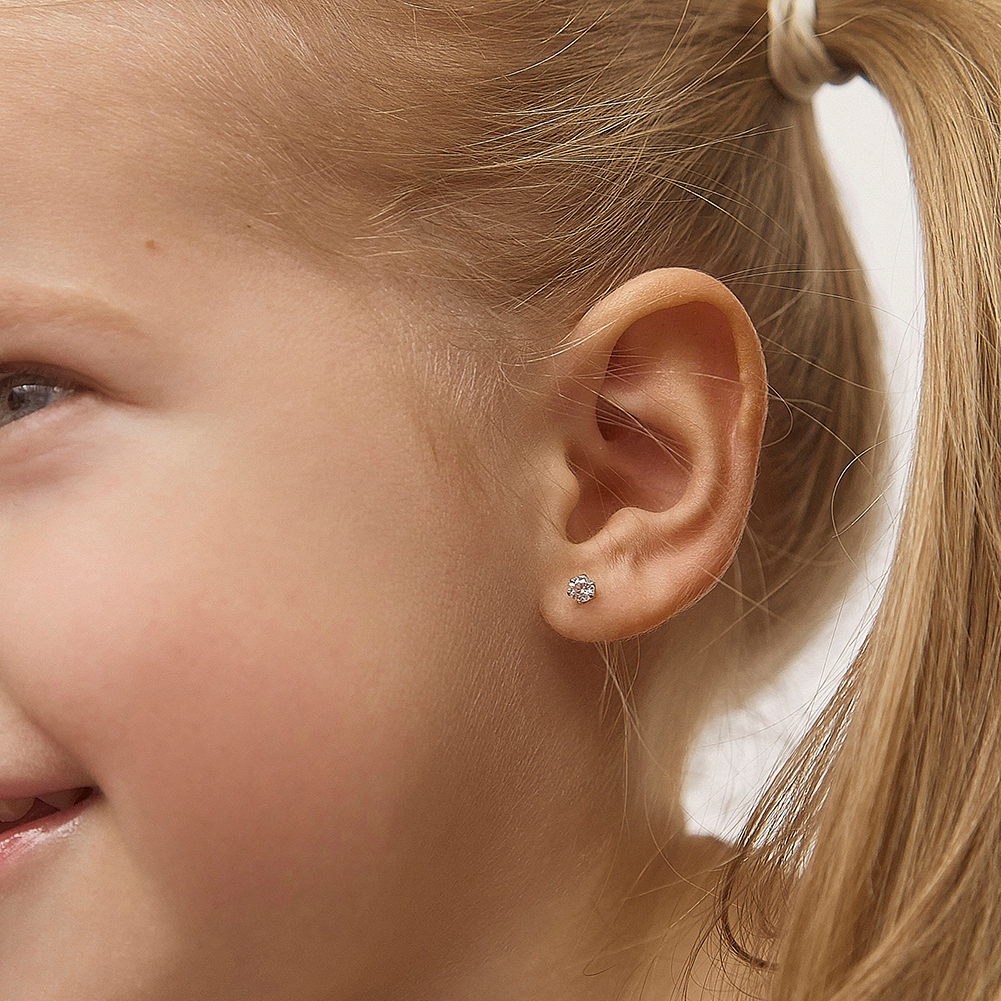 thumbnail video image 2 of Radiant Prong Simulated Sapphire Toddler Earrings Safety Screw Back - 14k Gold, 2 of 9