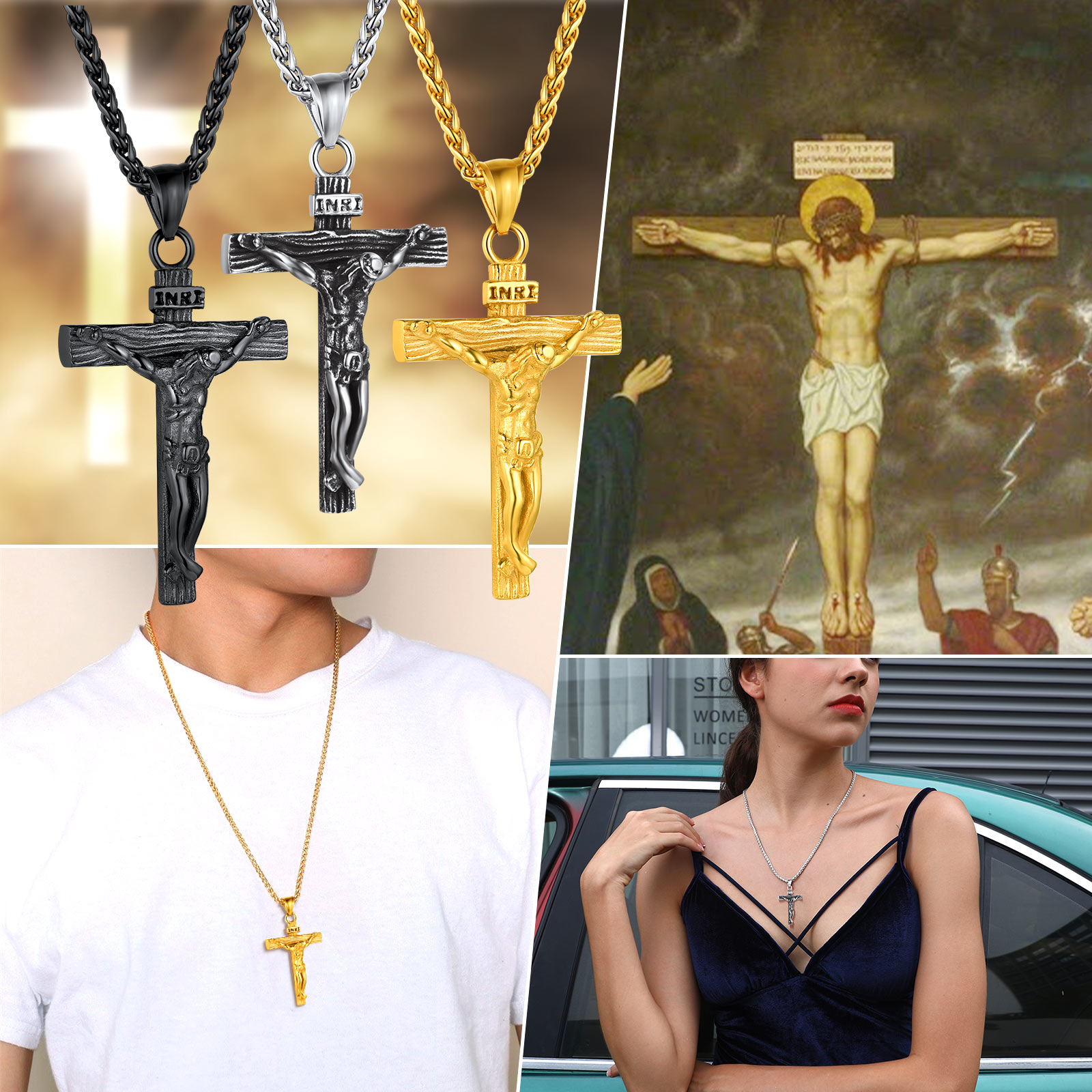 thumbnail video image 2 of FindChic Black Cross Necklaces for Men Stainless Steel INRI Crucifix Pendant Necklace Jesus Piece Religious Praying Jewelry for Christian Dad Father's Day Gift, 2 of 8