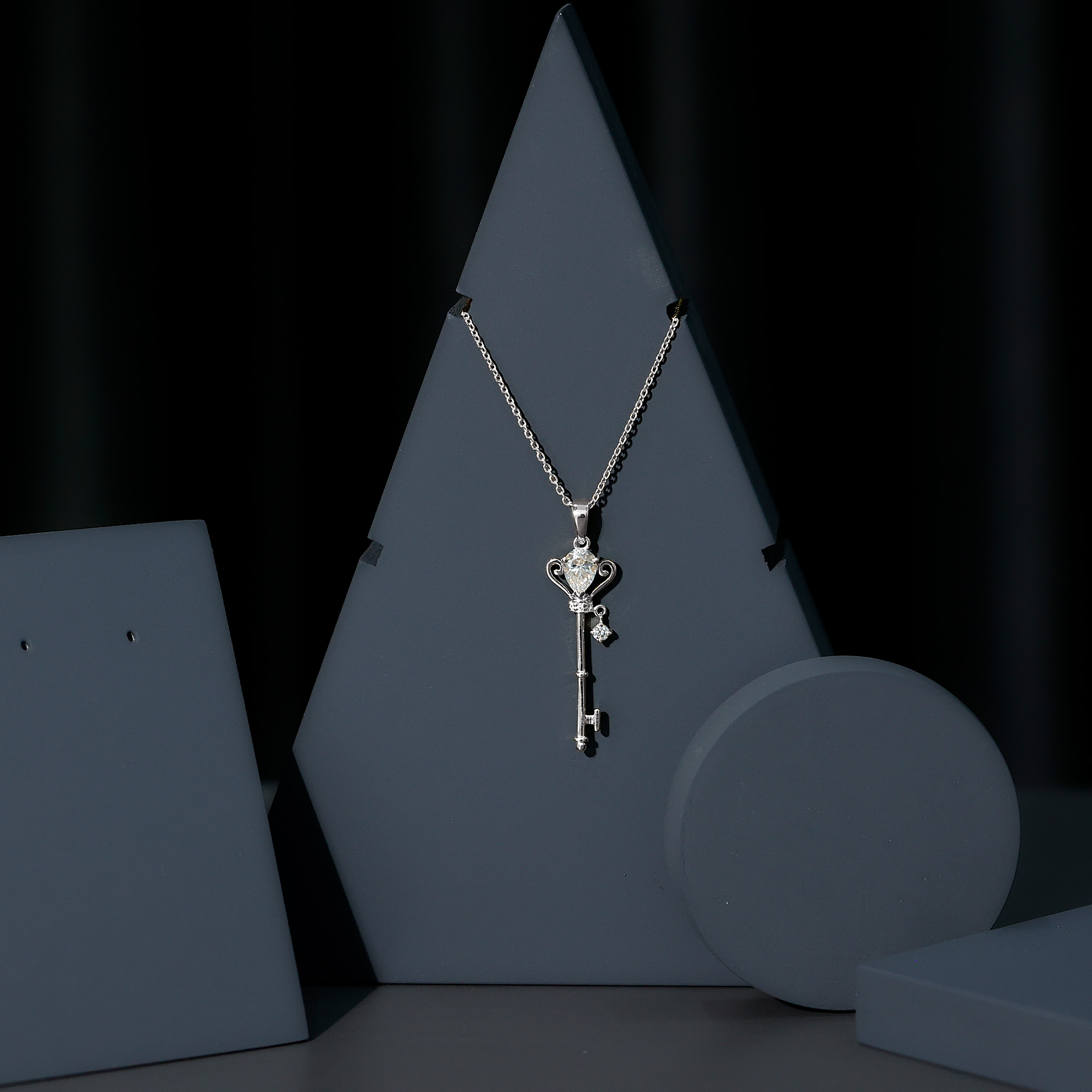 thumbnail video image 2 of Rosec Jewels Lab Created Diamond Key Pendant with Chain (5X7 mm Pear Diamond - EF-VS Quality) - Ready to Gift, 925 Sterling Silver, 2 of 8