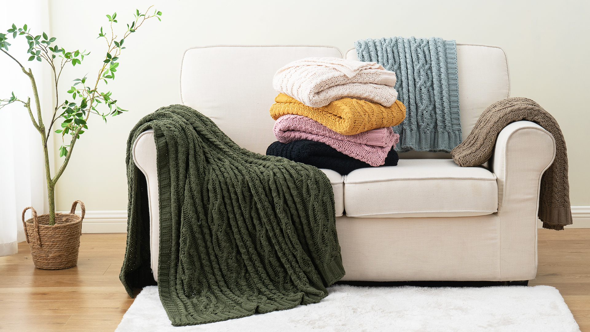 thumbnail video image 2 of Battilo Mustard Yellow Throw Blanket,Cable Knit Throw Blanket,Cozy Woven Chenille Blankets,51"x67", 2 of 9