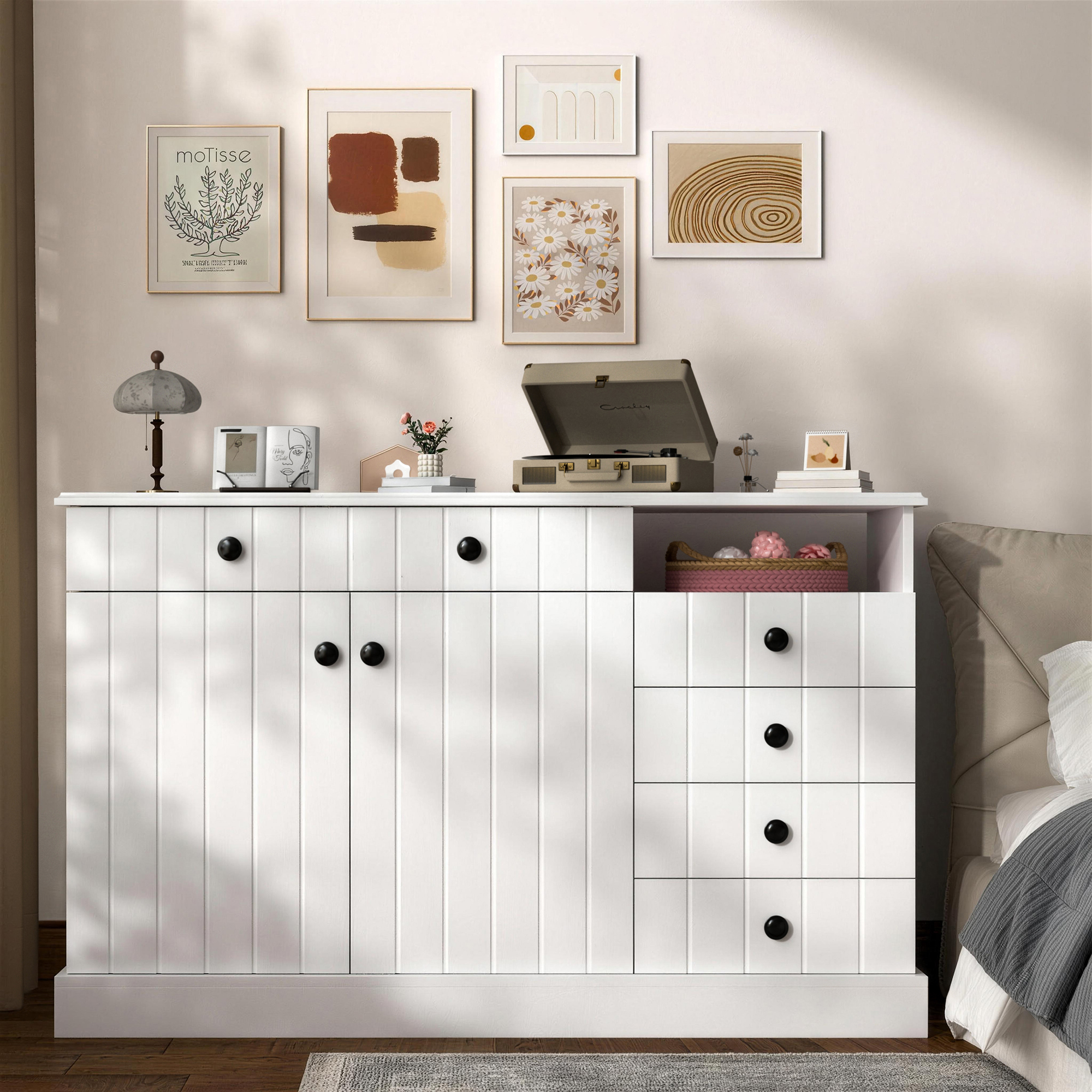 thumbnail video image 2 of Katalora Farmhouse Storage Cabinet, White Office Organizer with 5 Drawers, 2 Doors and Open Shelf, Fluted Accent Cabinet for Home Office,Living Room,Entryway, 2 of 9