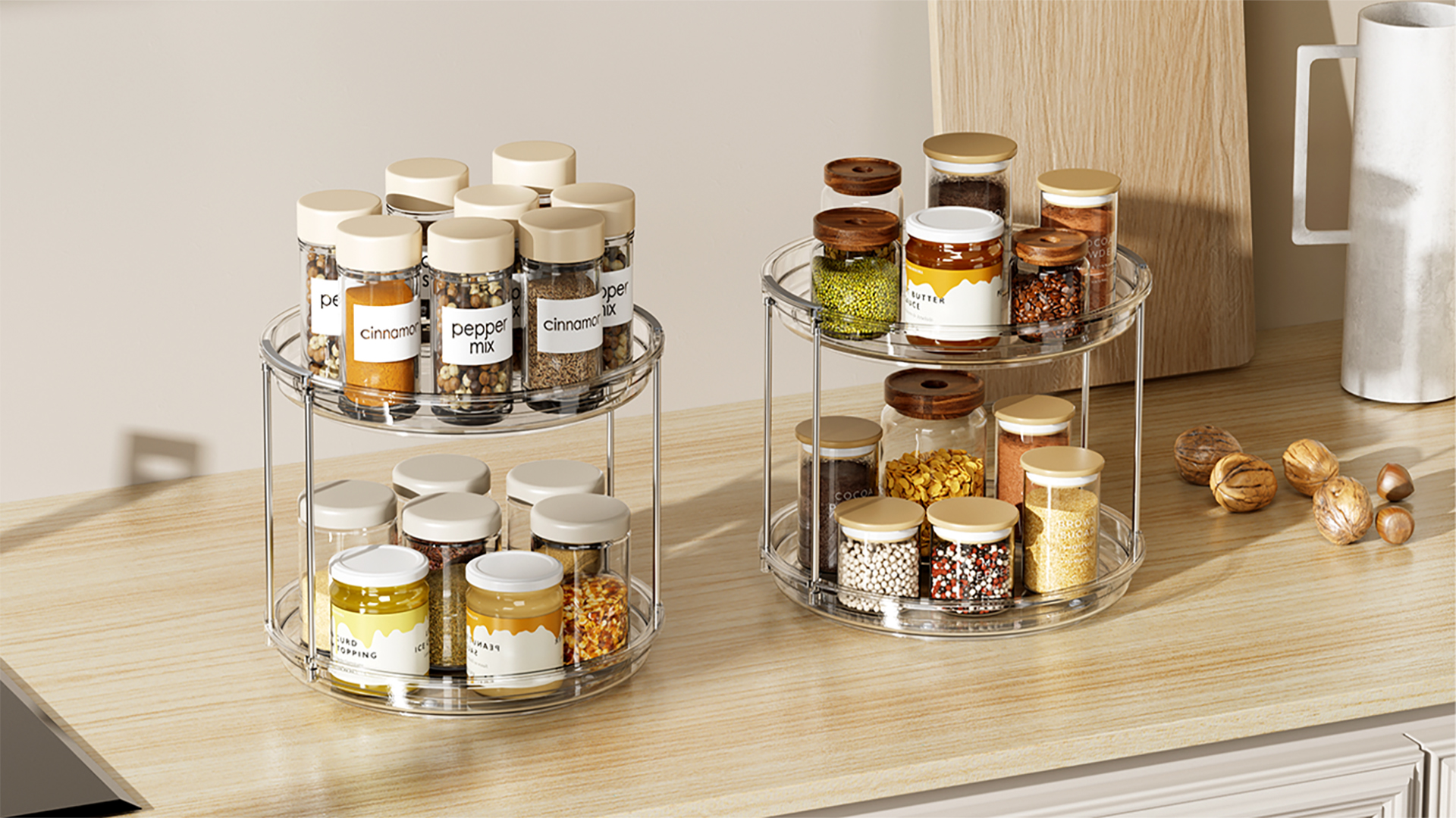 thumbnail video image 2 of ROSSNY 2 Tier Rotating Lazy Susan Turntable Cabinet Counter Organizer, Clear, 2 of 9