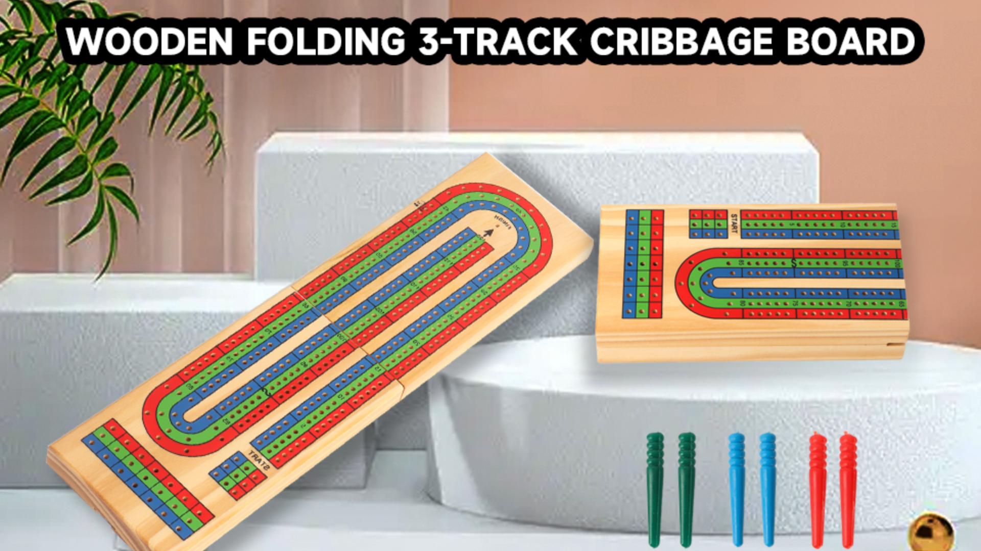 thumbnail video image 2 of GSE Games & Sports Expert 3-Track Color Coded Wooden Folding Travel Cribbage Board Game with 6 Plastic Pegs and Peg Storage Slot, 2 of 8