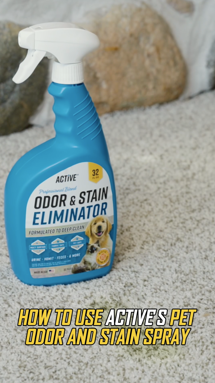 thumbnail video image 2 of Active Pet Urine Stain Eliminating Cleaner with Enzymes, 32 oz, for Dog and Cat Odor, Carpet and Upholstery Deodorizer, Natural Citrus, 2 of 7