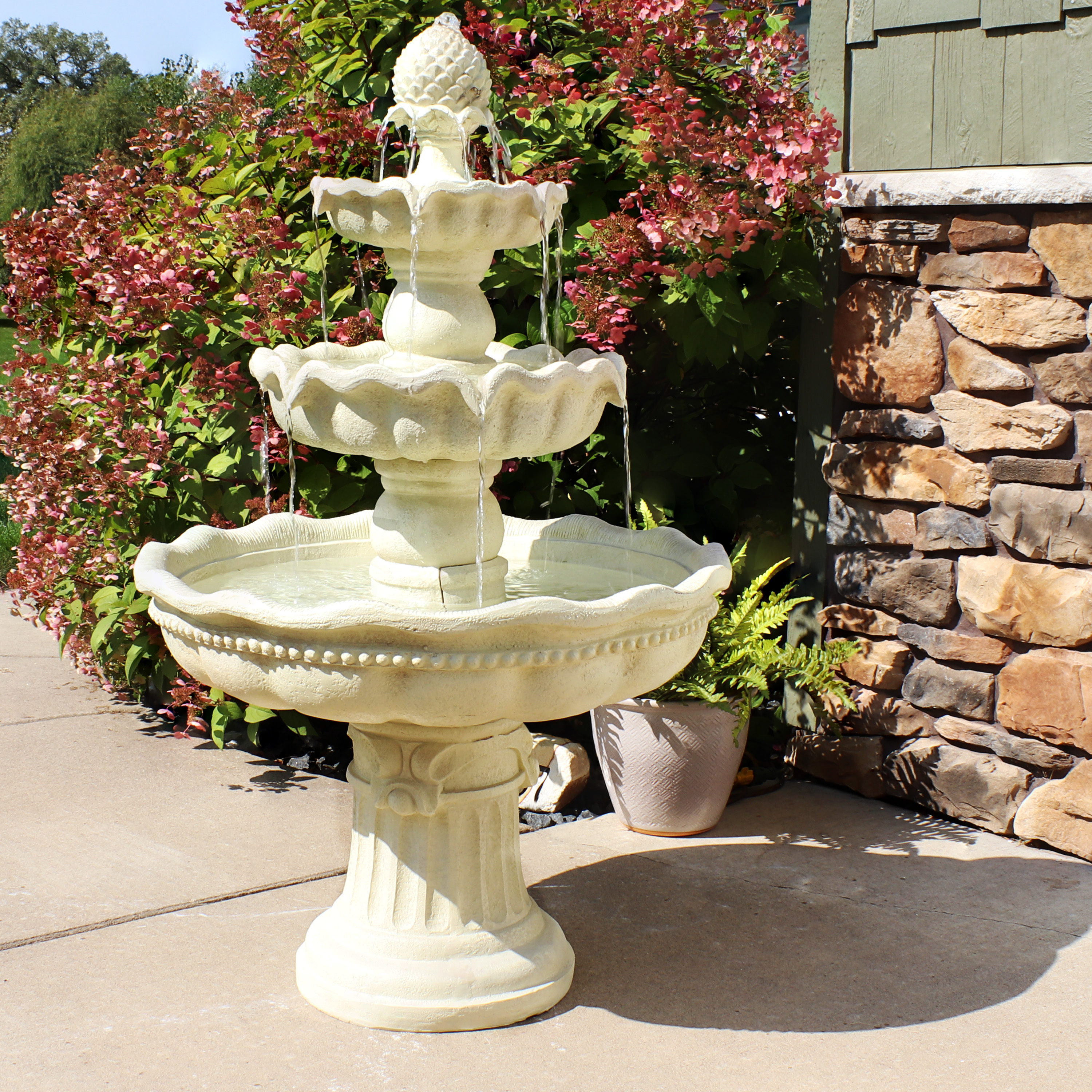 thumbnail video image 2 of Sunnydaze Pineapple Traditional White Fiberglass 3-Tiered Outdoor Water Fountain, 2 of 11