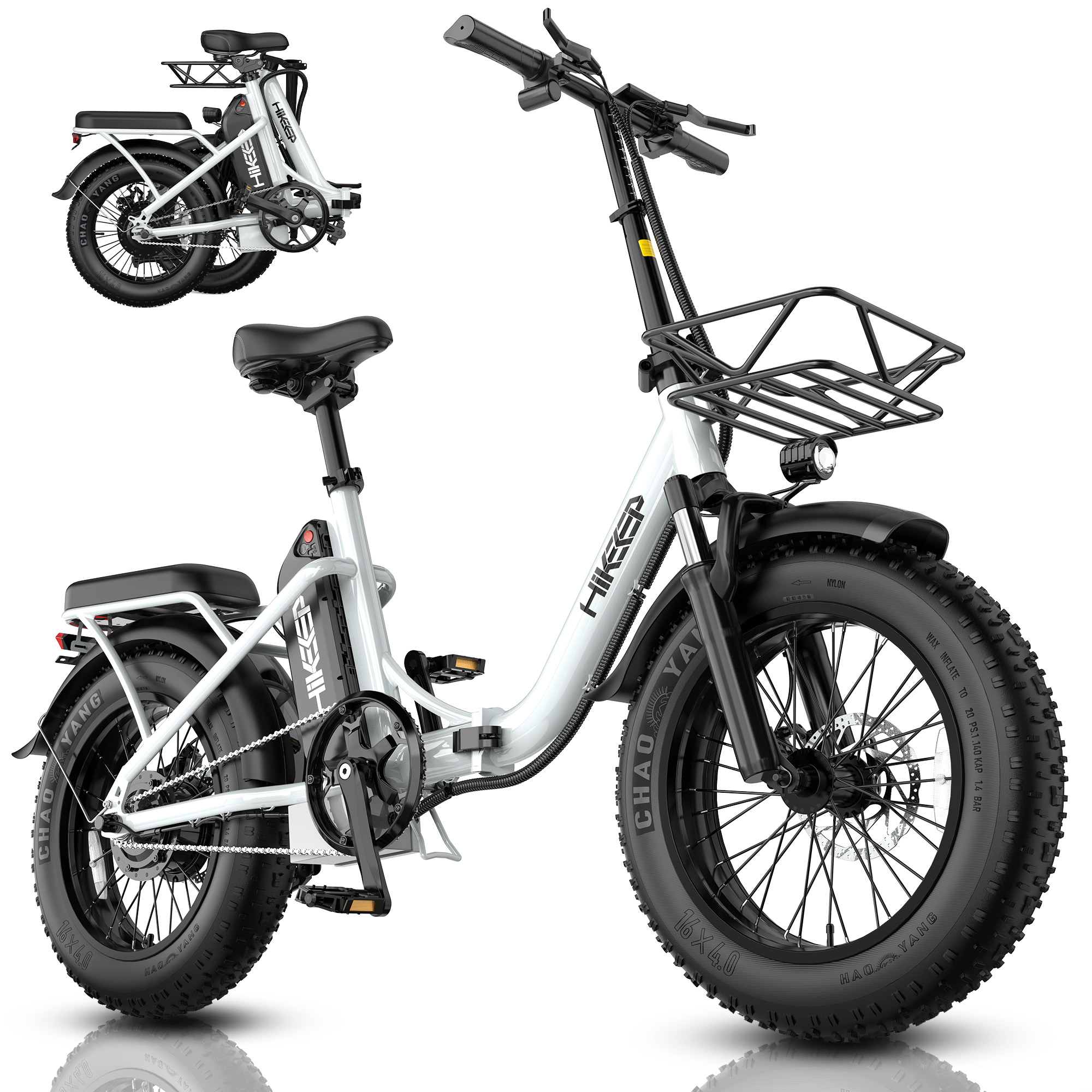 thumbnail video image 2 of 750W 1200W Folding Electric Bike for Adults with Basket, 48V 13Ah Removable Battery, 16" Fat Tire Ebike, Dual Disc Brakes & Front Suspension, UL 2849, White, 2 of 10