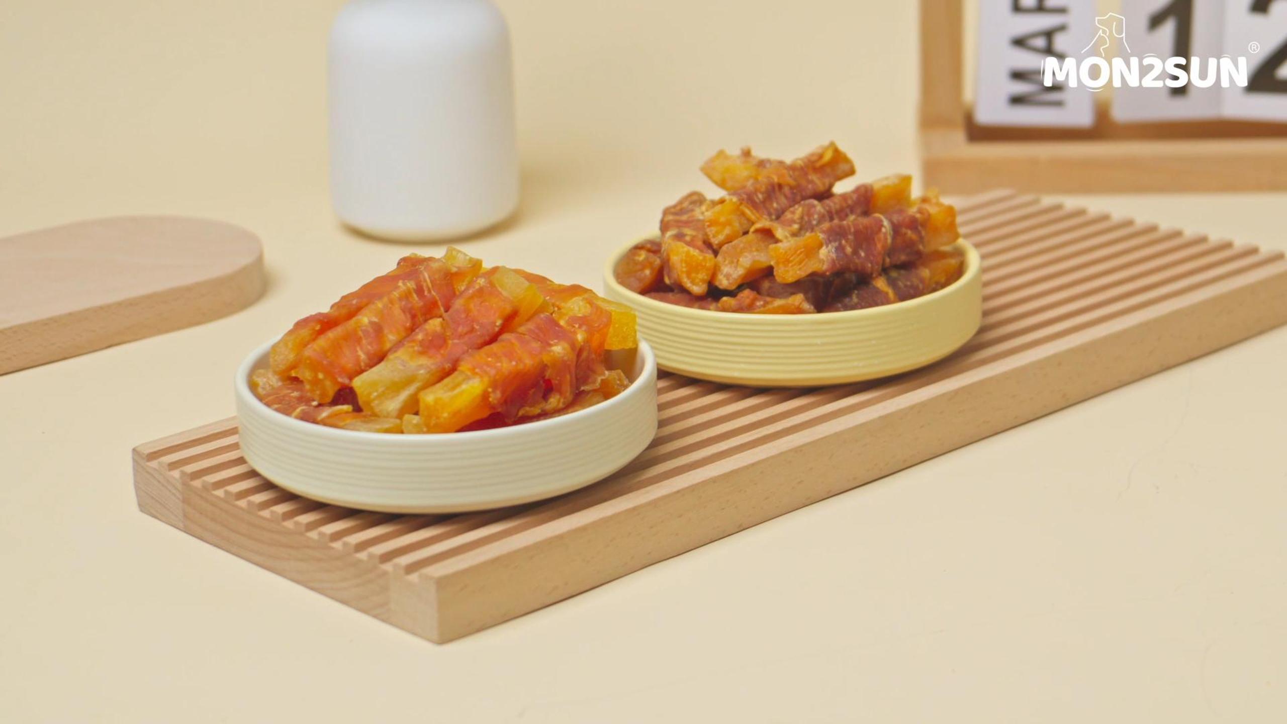 thumbnail video image 2 of MON2SUN Chicken Wrapped Sweet Potato Small Dog Treats, 25 oz, 2 of 8