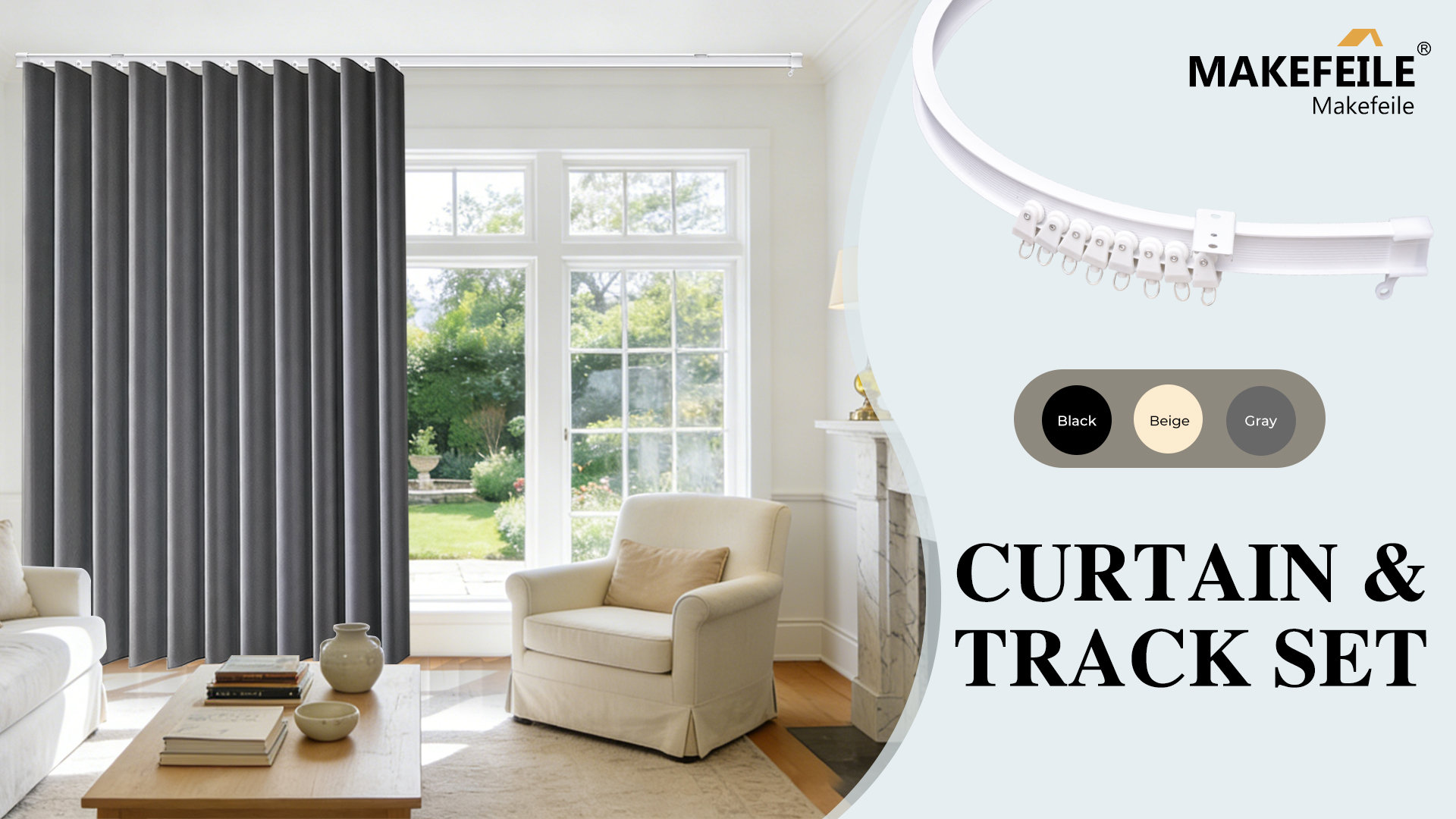 thumbnail video image 2 of MaKefeile Blackout Curtain Divider with Ceiling Curtain Track for Room Partition,1 Panel Beige Privacy Divider Curtain and White Flexible Track Set, 2 of 10