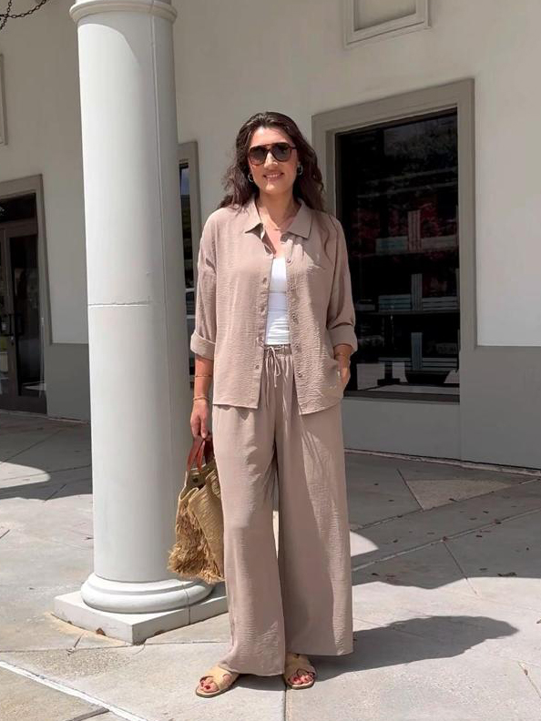 thumbnail video image 2 of MINTREUS Lounge Sets for Women Casual Long Sleeve Button Down Shirt and Drawstring Wide Leg Pants Two Piece Outfits with Pockets Pjs, 2 of 7