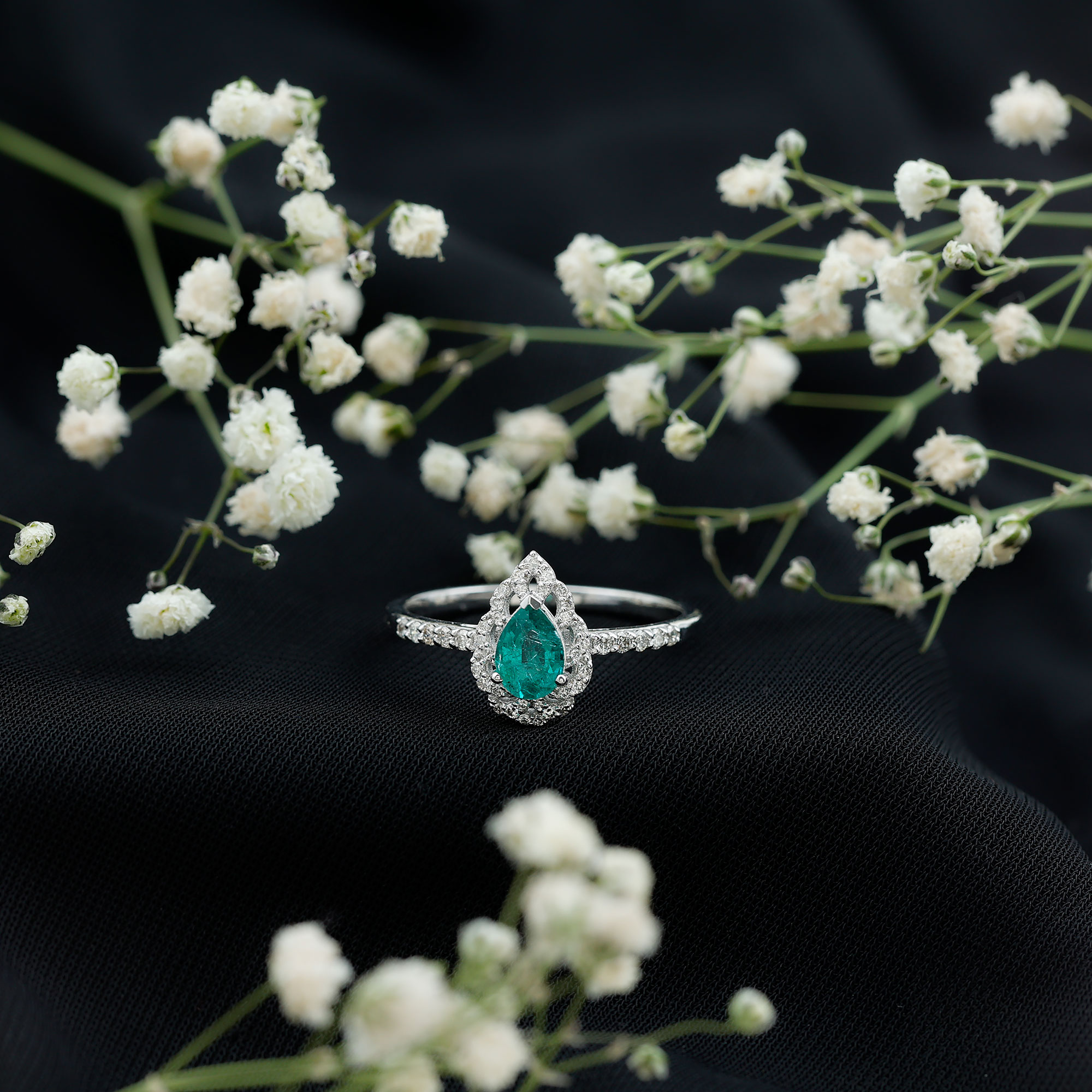 thumbnail video image 2 of Rosec Jewels Pear Shape Emerald Cocktail Ring with Diamond for Women - AAA Quality, 925 Sterling Silver, US 4.00, 2 of 8