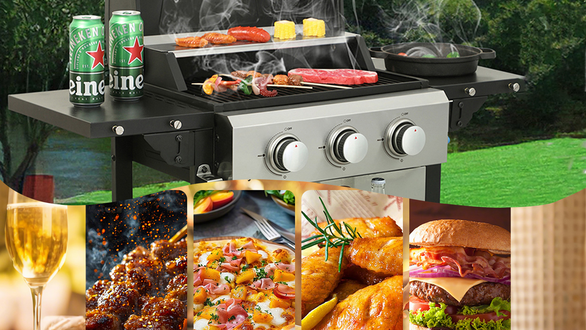 thumbnail video image 2 of 3-Burner Propane Gas BBQ Grill with Side Burner, Rain Cover Design, Stainless Steel Gas Grill with 40,500 BTUs Output for Outdoor, Camping, Barbecue Grilling Backyard Cooking, Black Silver, 2 of 9