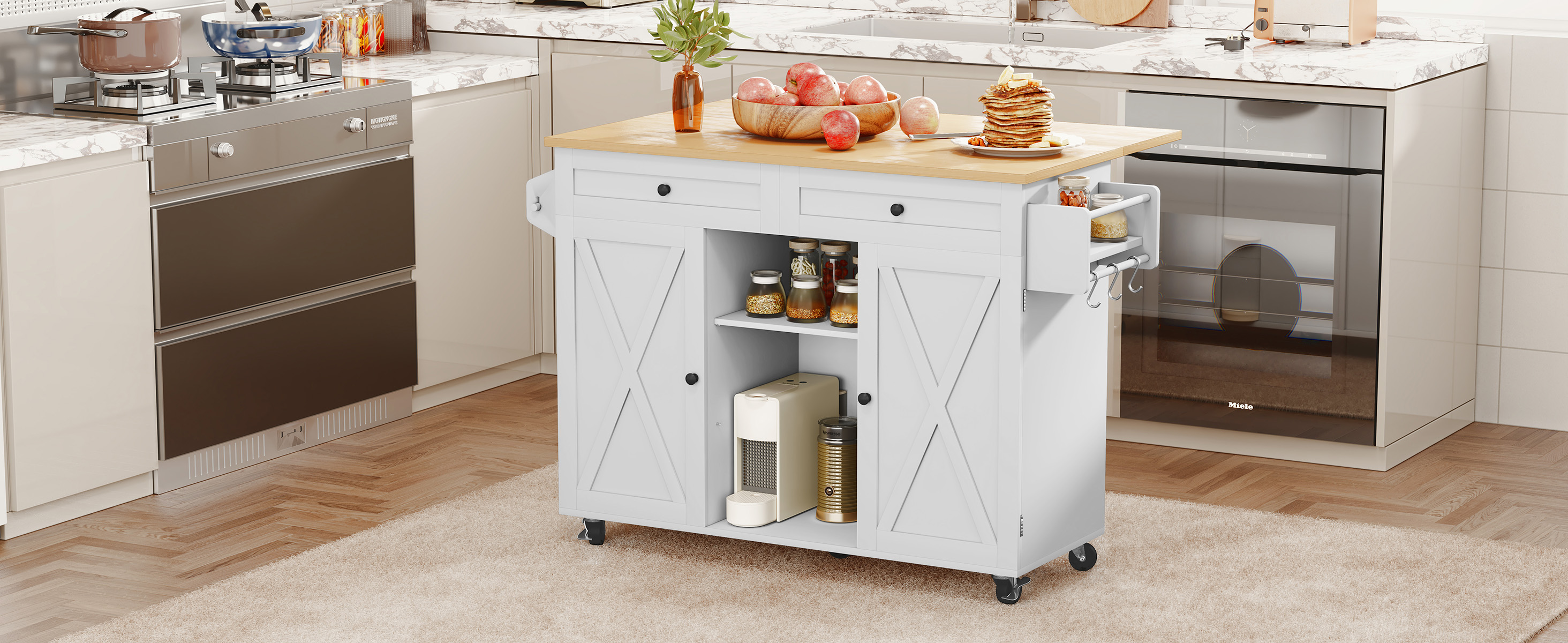 thumbnail video image 2 of "HLR 51.7"" W Rolling Kitchen Island, Adjustable Shelves, Breakfast Bar with Storage, White", 2 of 8