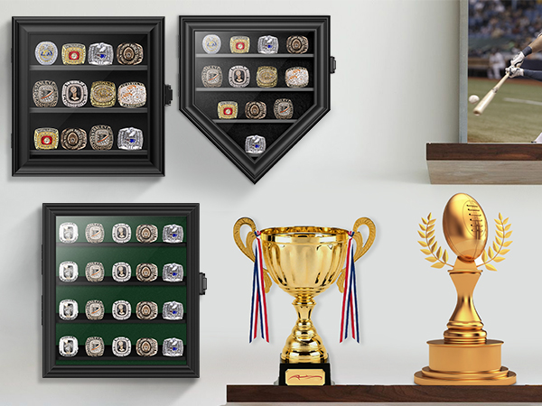 thumbnail video image 2 of Championship Ring Display Case, 12 Ring Posts Baseball Ring Holder, Wall Mount Wooden Shadow Box for Multiple Championship Rings, 2 of 7