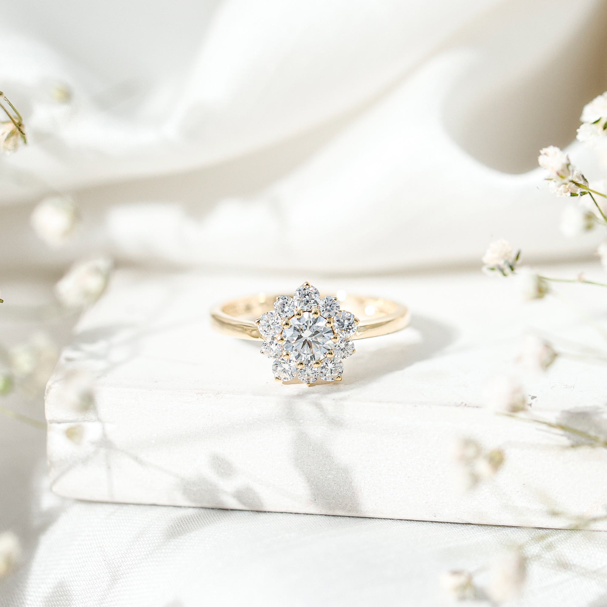 thumbnail video image 2 of Rosec Jewels Lab Created Diamond Flower Ring - Cluster Engagement Ring - EF-VS Grade Certified, 10K White Gold, US 5.50, 2 of 9