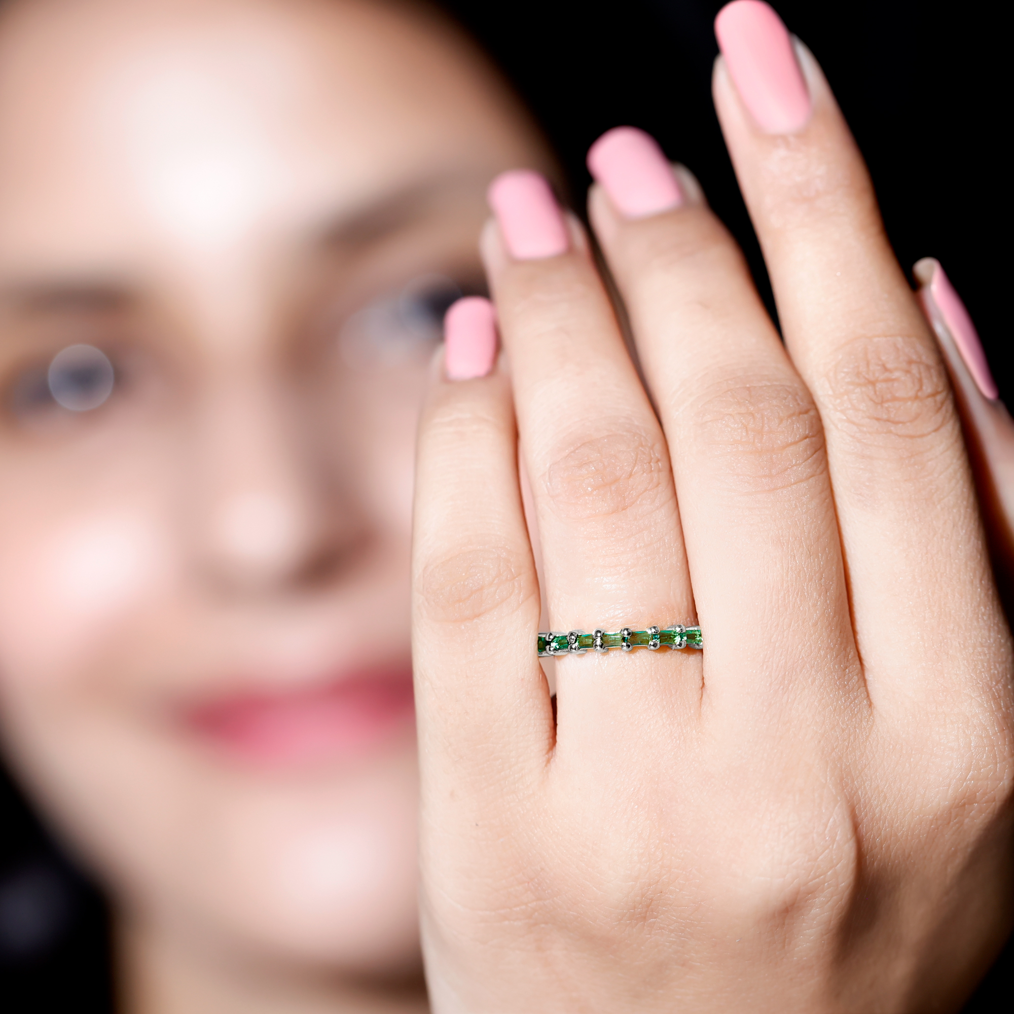 thumbnail video image 2 of Rosec Jewels Lab Grown Emerald Half Eternity Stackable Ring for Women - AAAA Quality, 18K Yellow Gold, US 10.50, 2 of 8