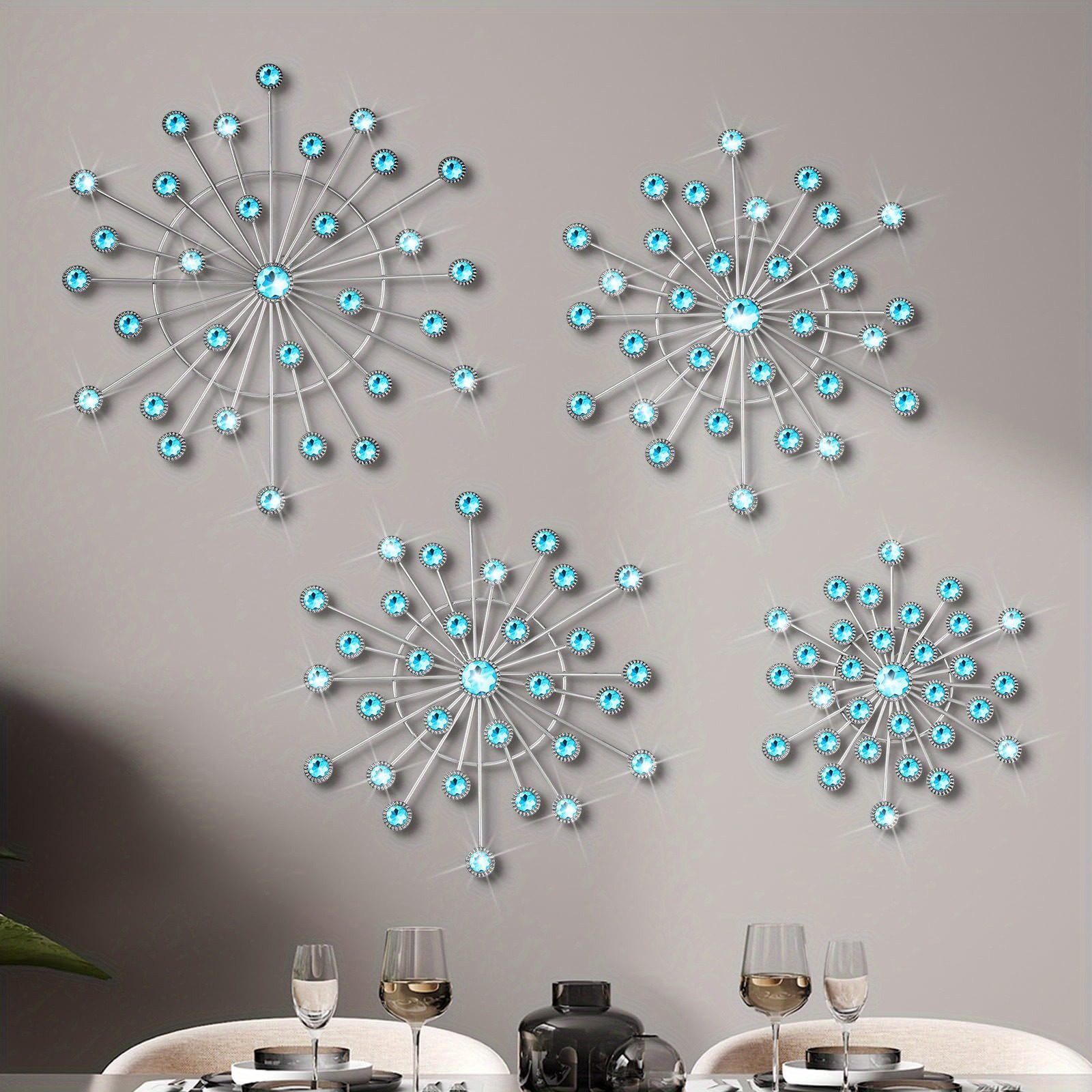 thumbnail video image 2 of 4 Pcs Metal Wall Art, Silver Starburst Wall Decor with Crystal Accents, Modern Wall Sculptures for Living Room, Bedroom & Entryway, Ideal Housewarming Gift Wall Decor, 2 of 6