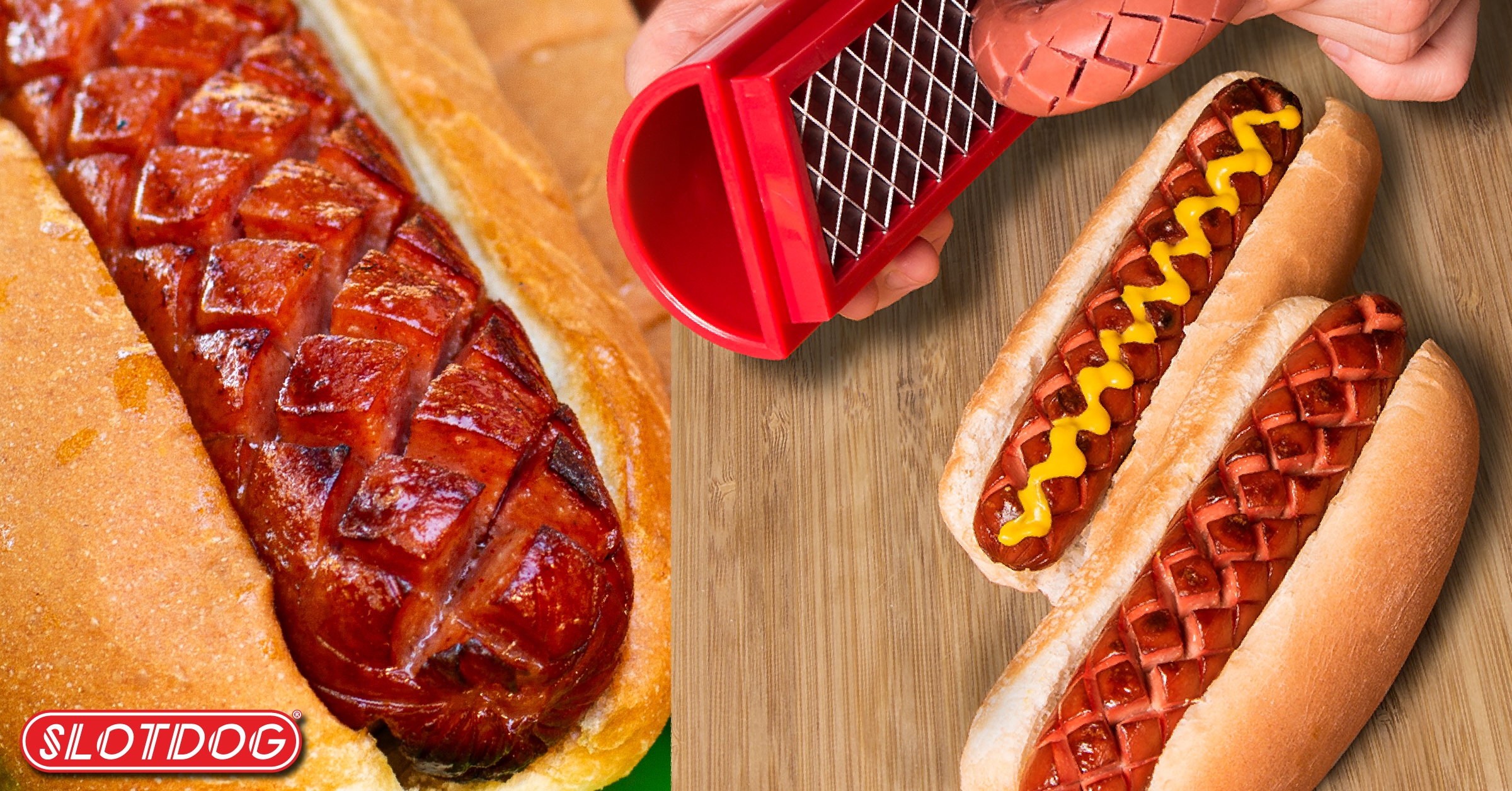 thumbnail video image 2 of SLOTDOG - Hot Dog Slicing Tool - Stainless Steel Slicer Cutter Blades for Kitchen, Grill, Tailgating, Camping and Backyard Outdoor BBQ - 10 inch - Red, 2 of 7