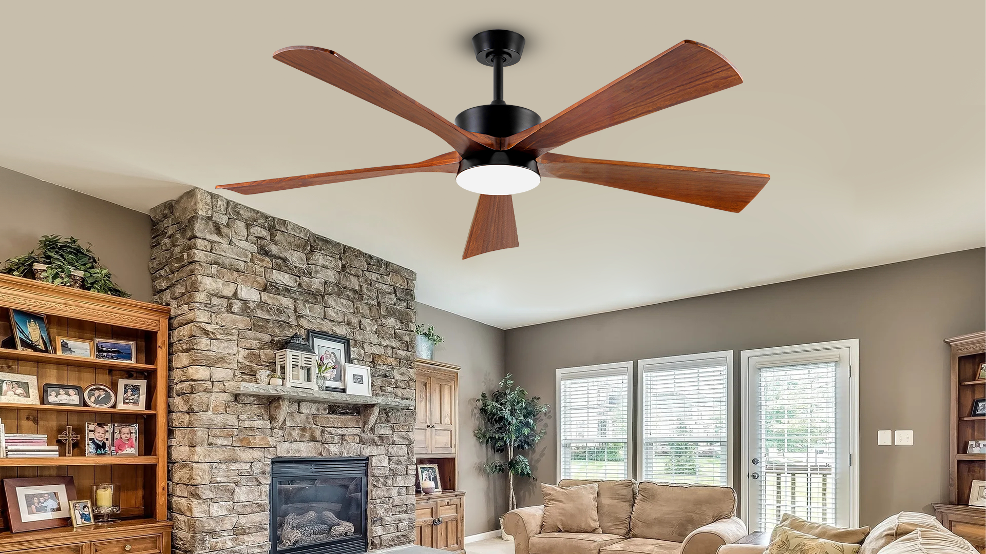 thumbnail video image 2 of 60 inch Wood Ceiling Fan with Light and Remote, Modern Farmhouse Indoor Outdoor 5 Blades Large Airflow Fan for Bedroom Living Room, Quiet DC Motor, 2 of 10
