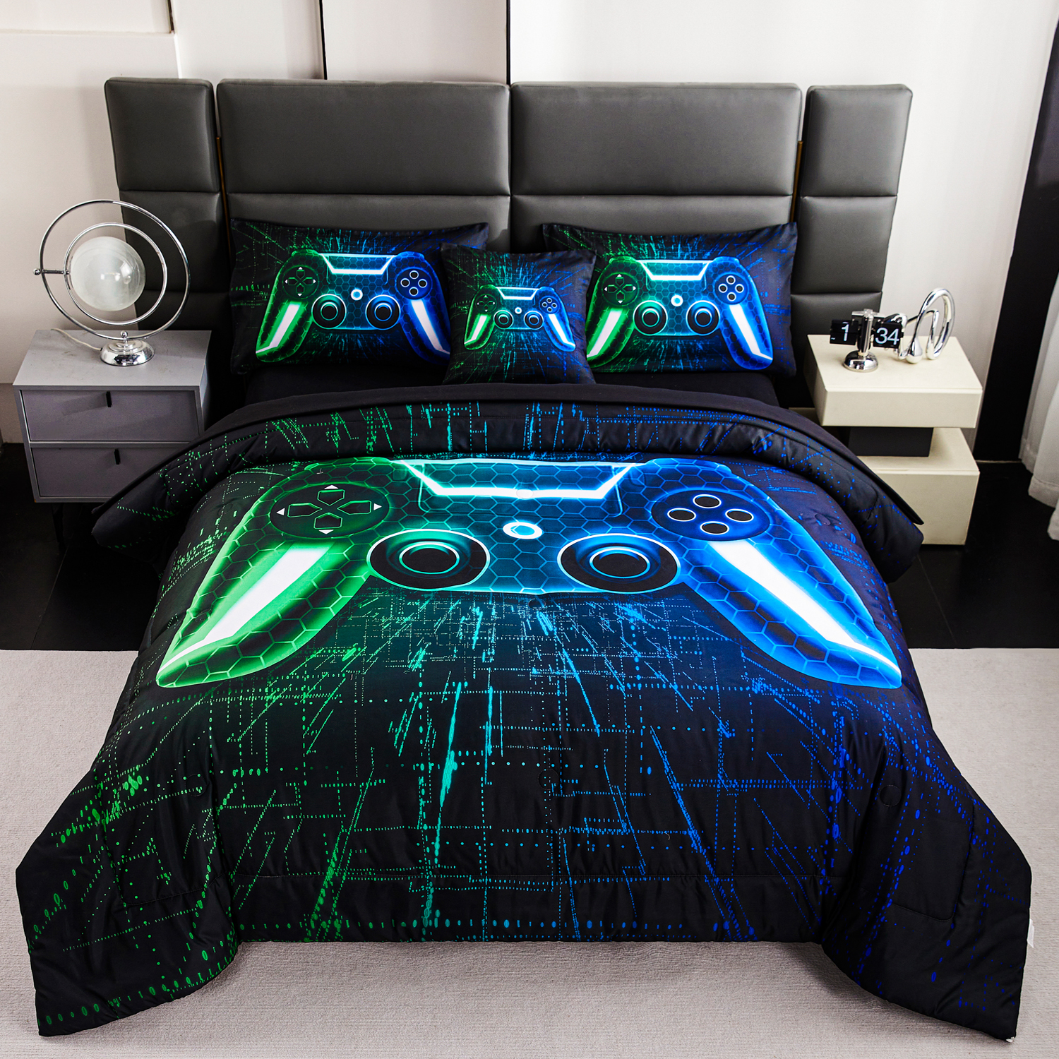 thumbnail video image 2 of URBONUR Blue Green Game Comforter Set for Boys Kids Teens 6 Pieces Lightning Gamepad Bed in a Bag Gaming Video Black Bedding Set with Sheets Gamer Bedroom Set(Blue Green Queen), 2 of 10