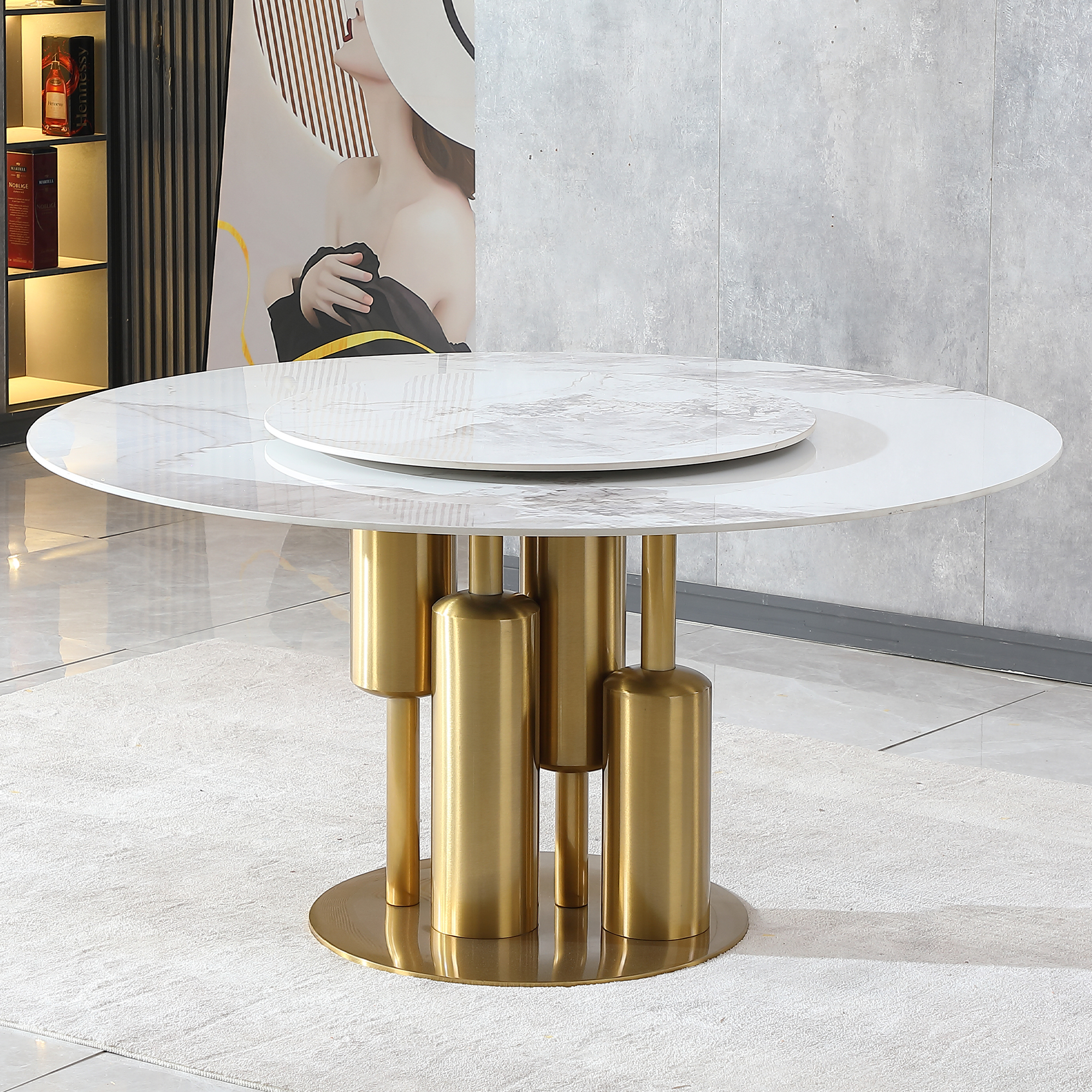 59" Round Dining Table with Lazy Susan Rotating Turntable, Modern White ...