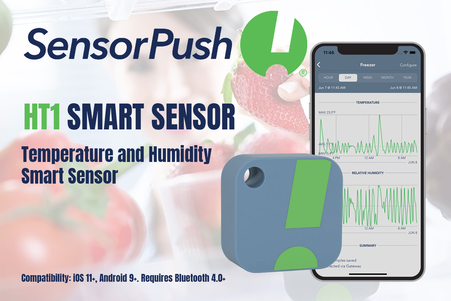 thumbnail video image 2 of SensorPush HT1 Smart Temperature Sensor & Humidity Sensor - Thermometer & Hygrometer w/App Monitoring - Indoor/Outdoor Temperature and Humidity Monitor w/Heat Index for RV, Fridge & More, 2 of 10