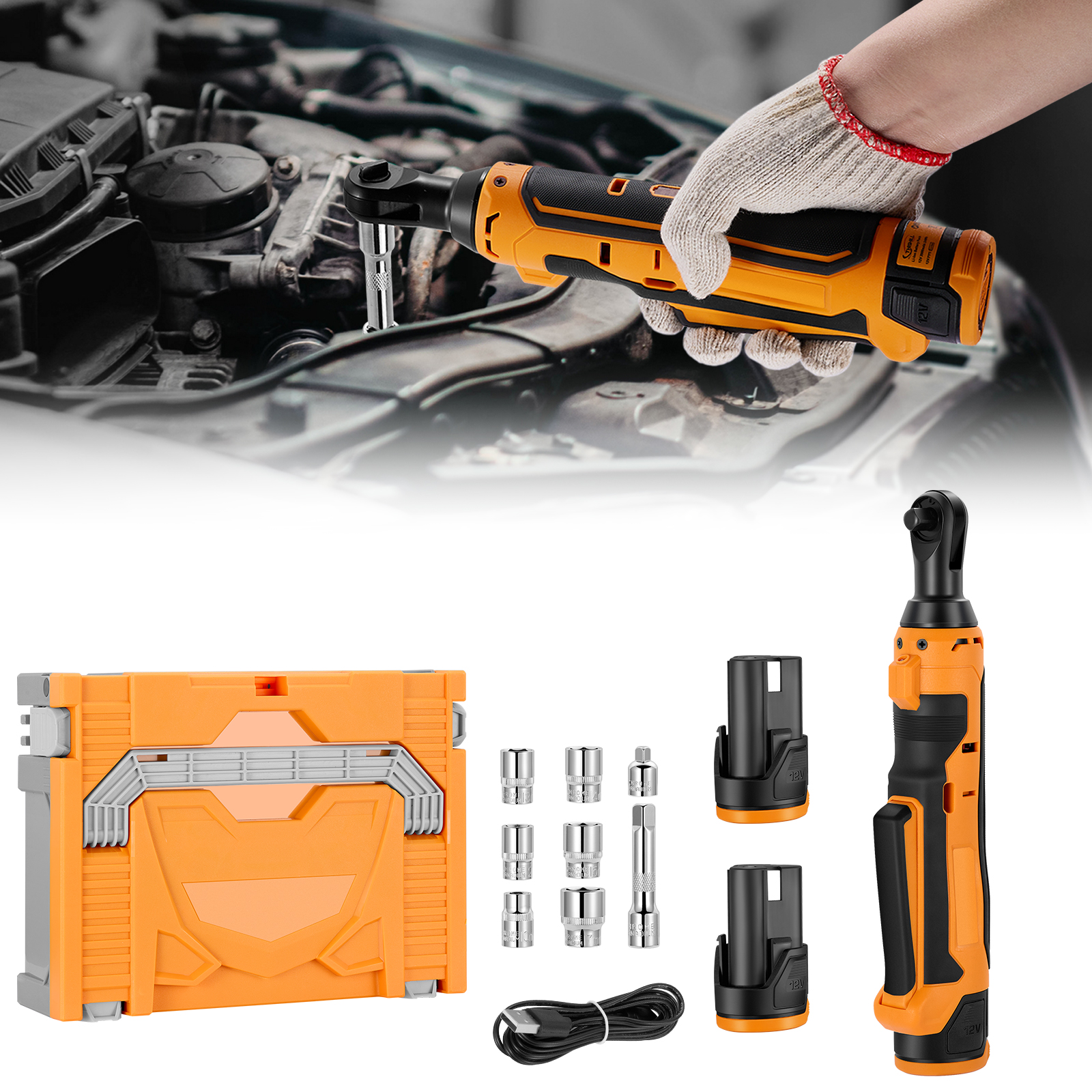 thumbnail video image 2 of Filluck Cordless Electric Ratchet Wrench Kit, 12V Electric Ratchet, Power Wrench Ratchet with Variable Speed, LED Light, 6 Sockets, 1/4" Adapter, 2 Batteries, 2 of 9