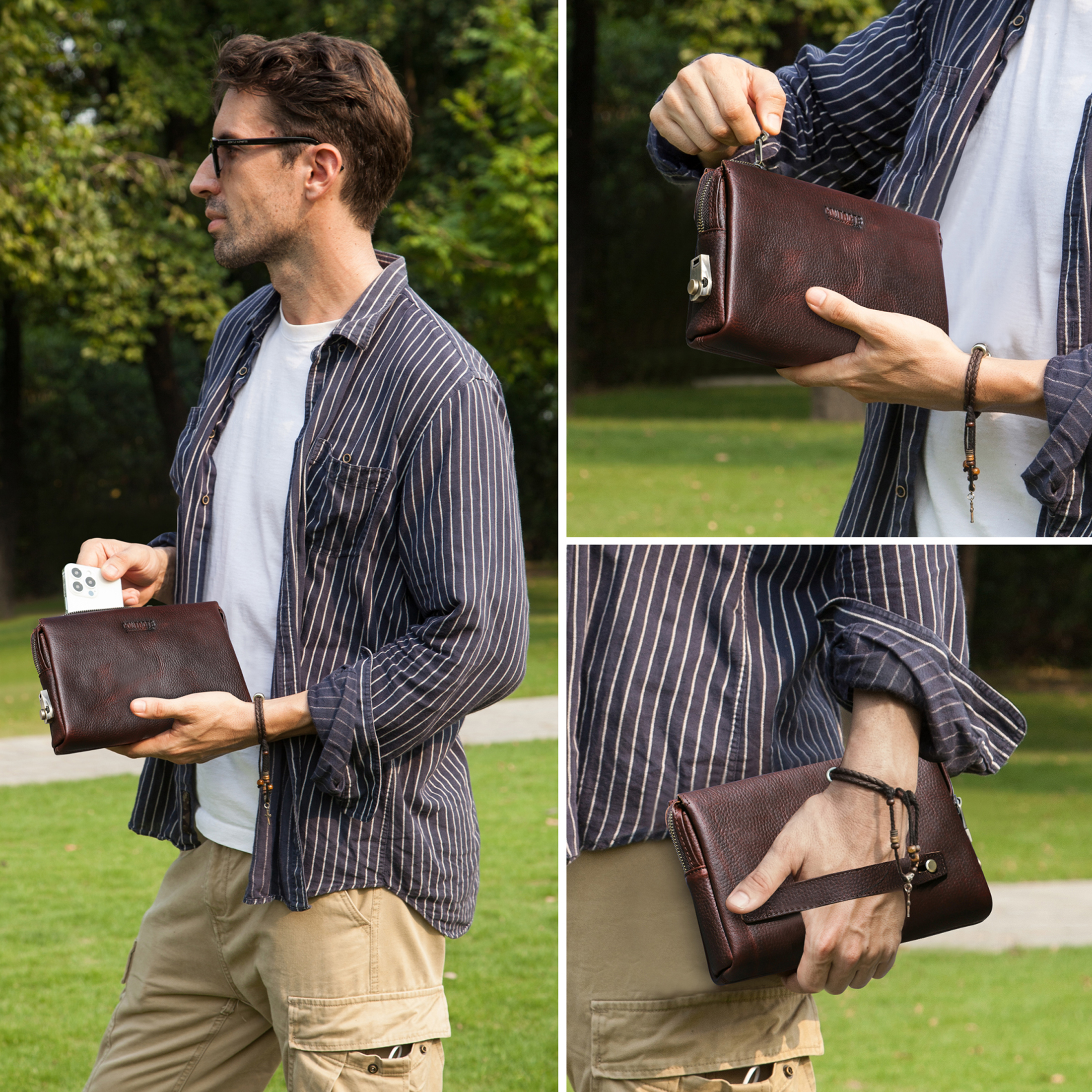 thumbnail video image 2 of Contact's Men Clutch Bag with Lock Leather Travel Wristlet Clutch Wallet for Men, Coffee, 2 of 8