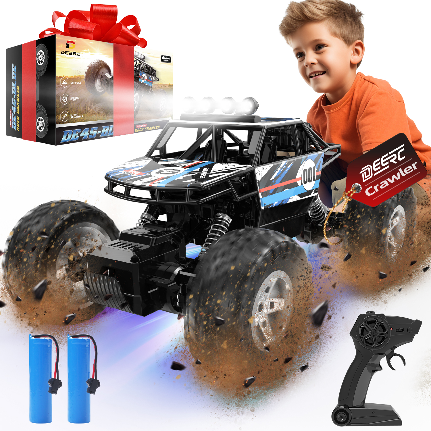 thumbnail video image 2 of DEERC DE45 1:14 Remote Control Truck, RC Car Toy Rock Crawler, 4WD Off Road Monster Truck with Metal Shell Dual Motors LED Headlight 90 Min Play, 2 of 8