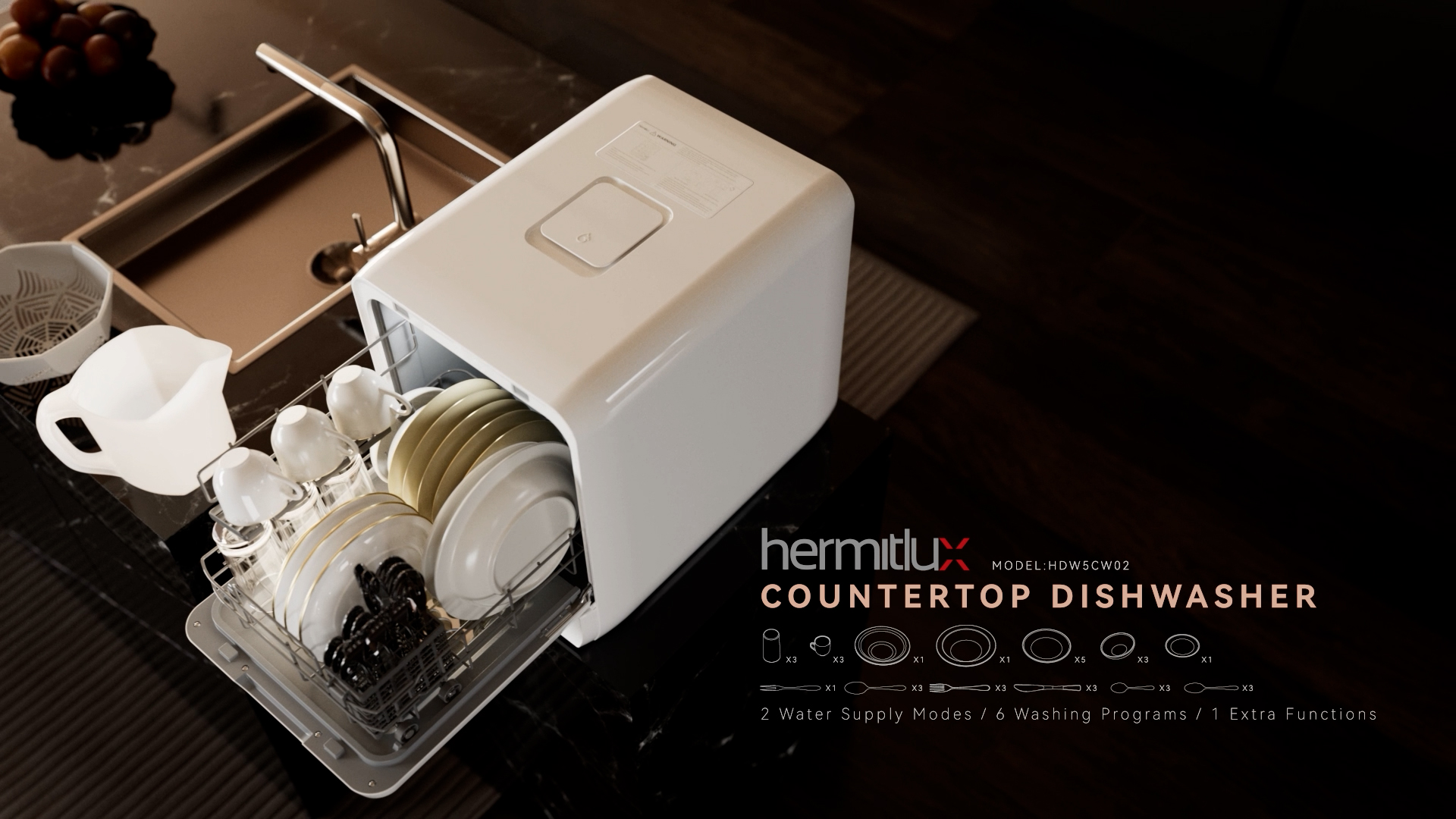 thumbnail video image 2 of Hermitlux Countertop Dishwasher, 6 Wash Programs Slim Size Portable Dishwasher, 2 of 10