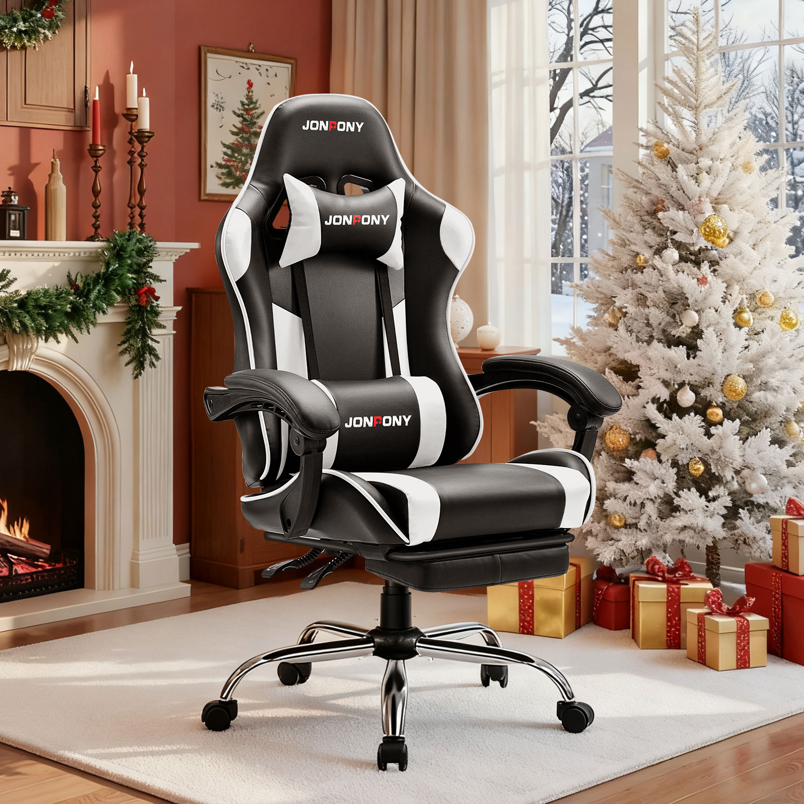 thumbnail video image 2 of JONPONY Big and Tall Gaming Chair, Ergonomic Design, Gamer Chair PU Leather with Footrest and Lumbar Support, High Back Office Chair Support 8 Hours Long Sitting, Computer Chair,Black White, 2 of 9