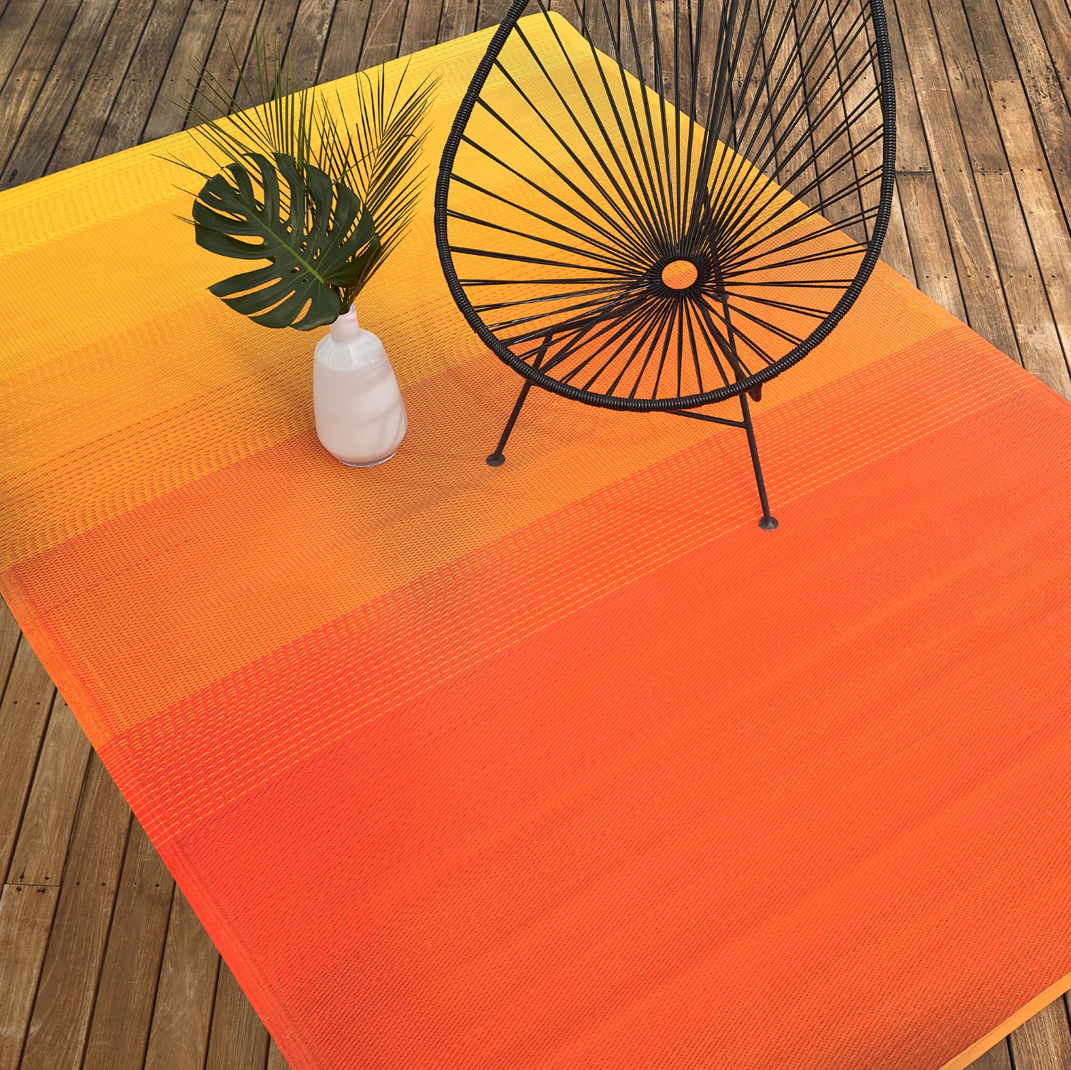 thumbnail video image 2 of Fab Habitat Outdoor Rug - Waterproof, Fade Resistant, Crease-Free - Premium Recycled Plastic - Ombre Stripe- Porch, Deck, Balcony, Mudroom, Laundry Room, Patio - Big Sur - Sunset - 3 x 5 ft, 2 of 8