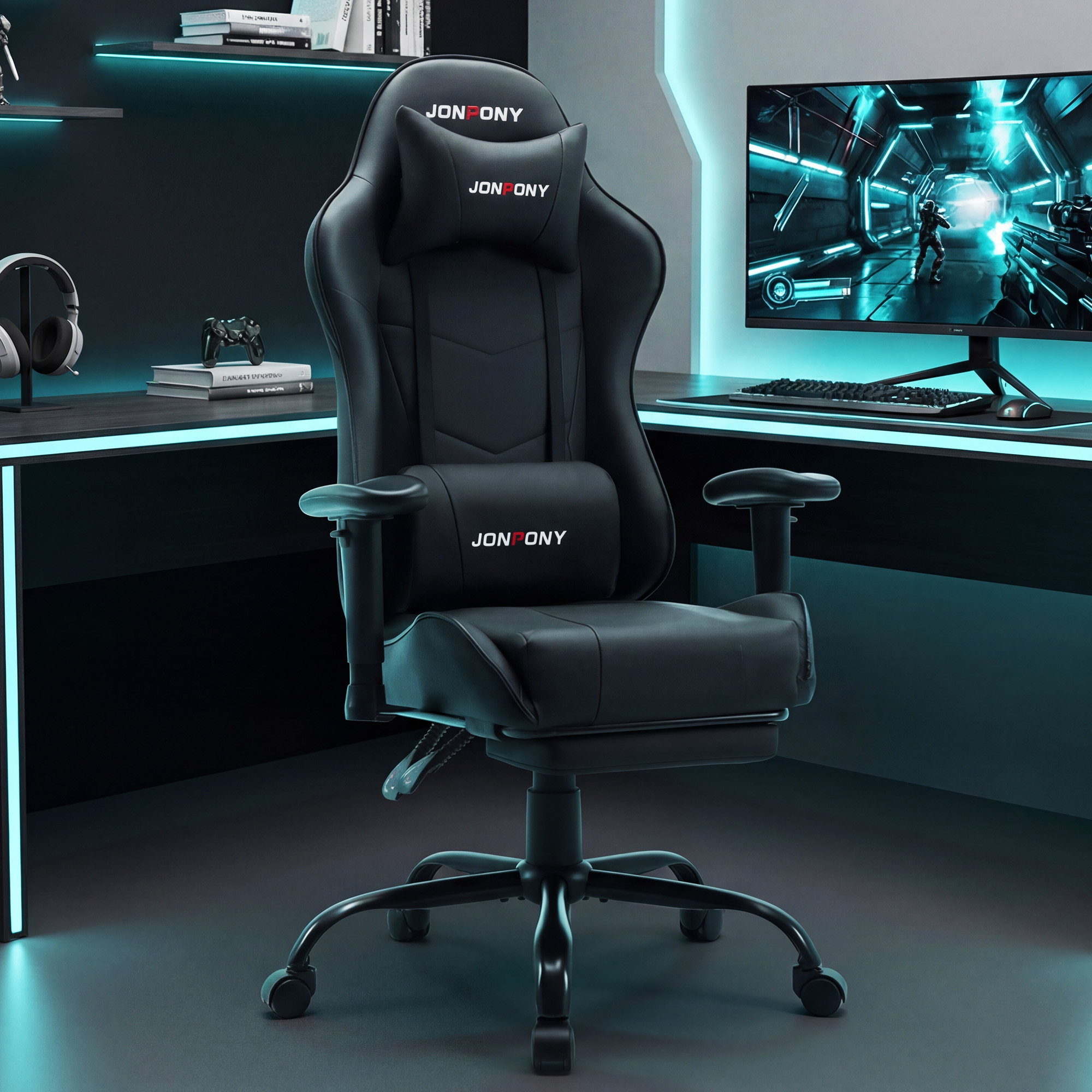 thumbnail video image 2 of JONPONY Big and Tall 500LBS Gaming Chair with Footrest and Lumbar Support, High Back Ergonomic Recliner,Height Adjustable Leather Computer Desk Chair for Home Office, Black, 2 of 8