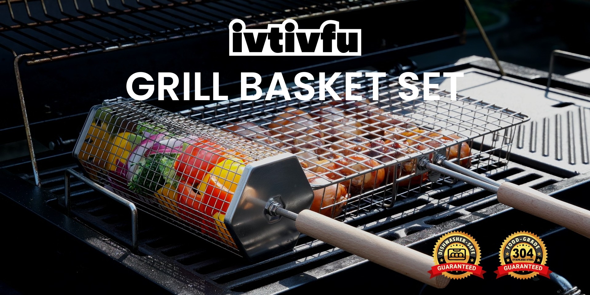 thumbnail video image 2 of Grill Basket, Removable Wooden Handle, 304 Stainless Steel, BBQ Rolling Tools, Smoker Grilling Accessories for Vegetable Fish, Outdoor Cooking Camping, Birthday Gifts for Men Dad Husband, 2 of 7
