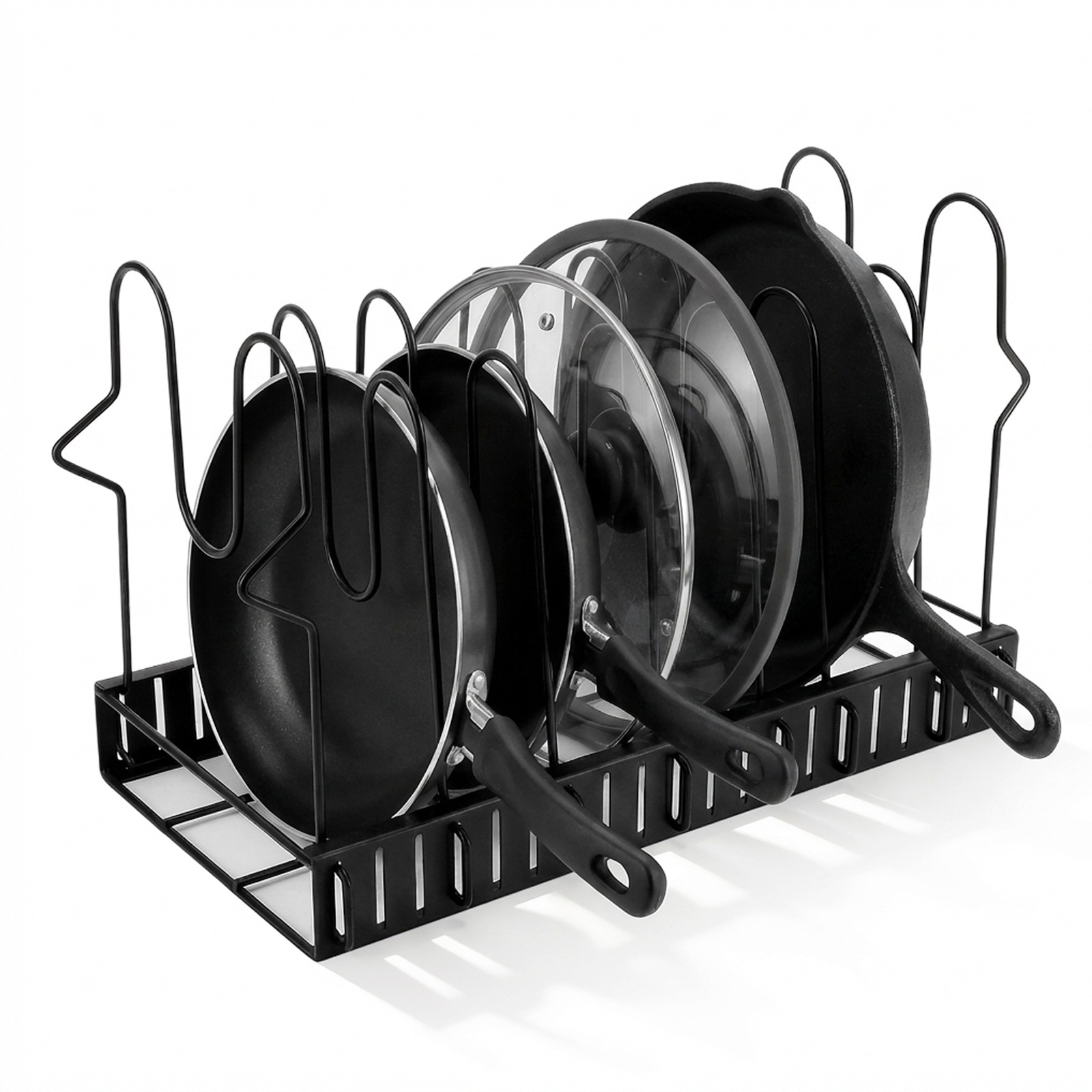 thumbnail video image 2 of Expandable Pot Lid Organizer for Cabinet, 12"-23" Adjustable Pots & Pans Lid Rack with 8 Dividers, Under Cabinet Storage for Bakeware, Cutting Boards & Lids, Black, 2 of 8