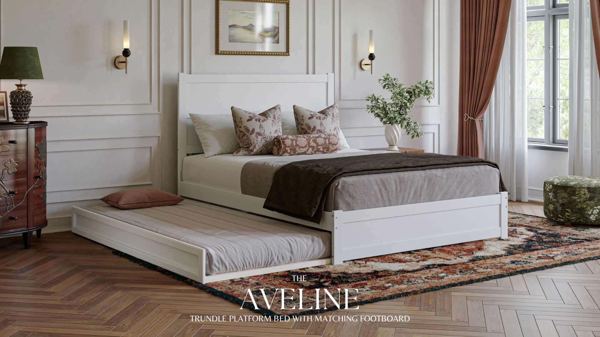 thumbnail video image 2 of AFI Aveline Twin XL Platform Bed with Matching Footboard & Twin XL Trundle, Light Toffee, 2 of 13