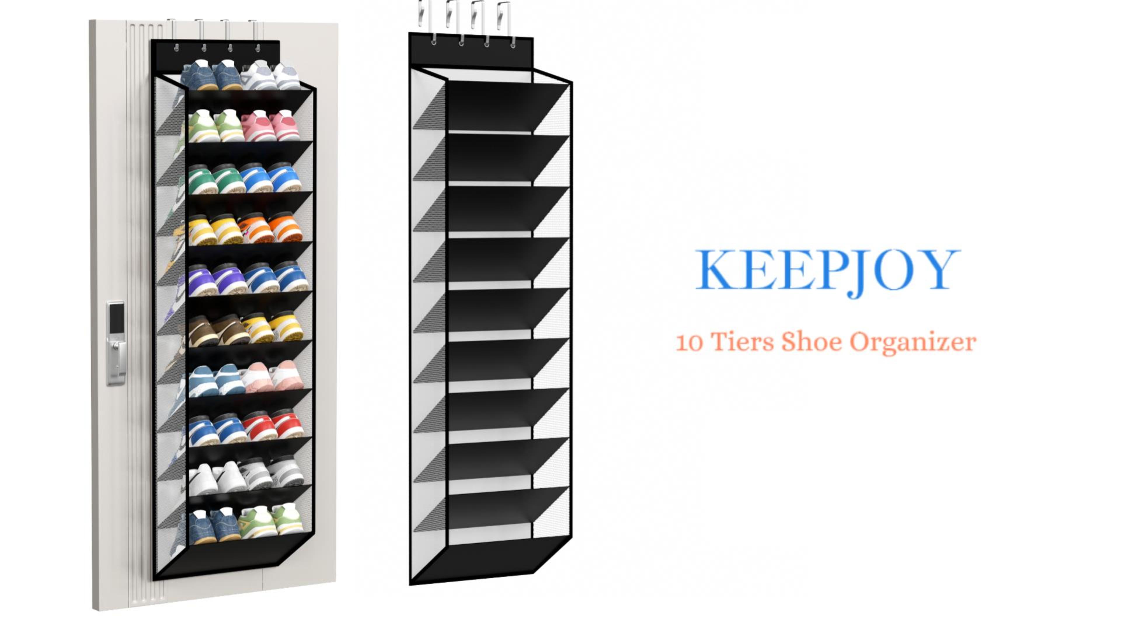 thumbnail video image 2 of KEEPJOY 10 Tiers Mesh Over Door Shoe Organizer Storage, Hanging Shoe Holder for Door with Large Deep Pockets, Holds 20-30 Pairs of Shoes,Piano Whit, 2 of 8