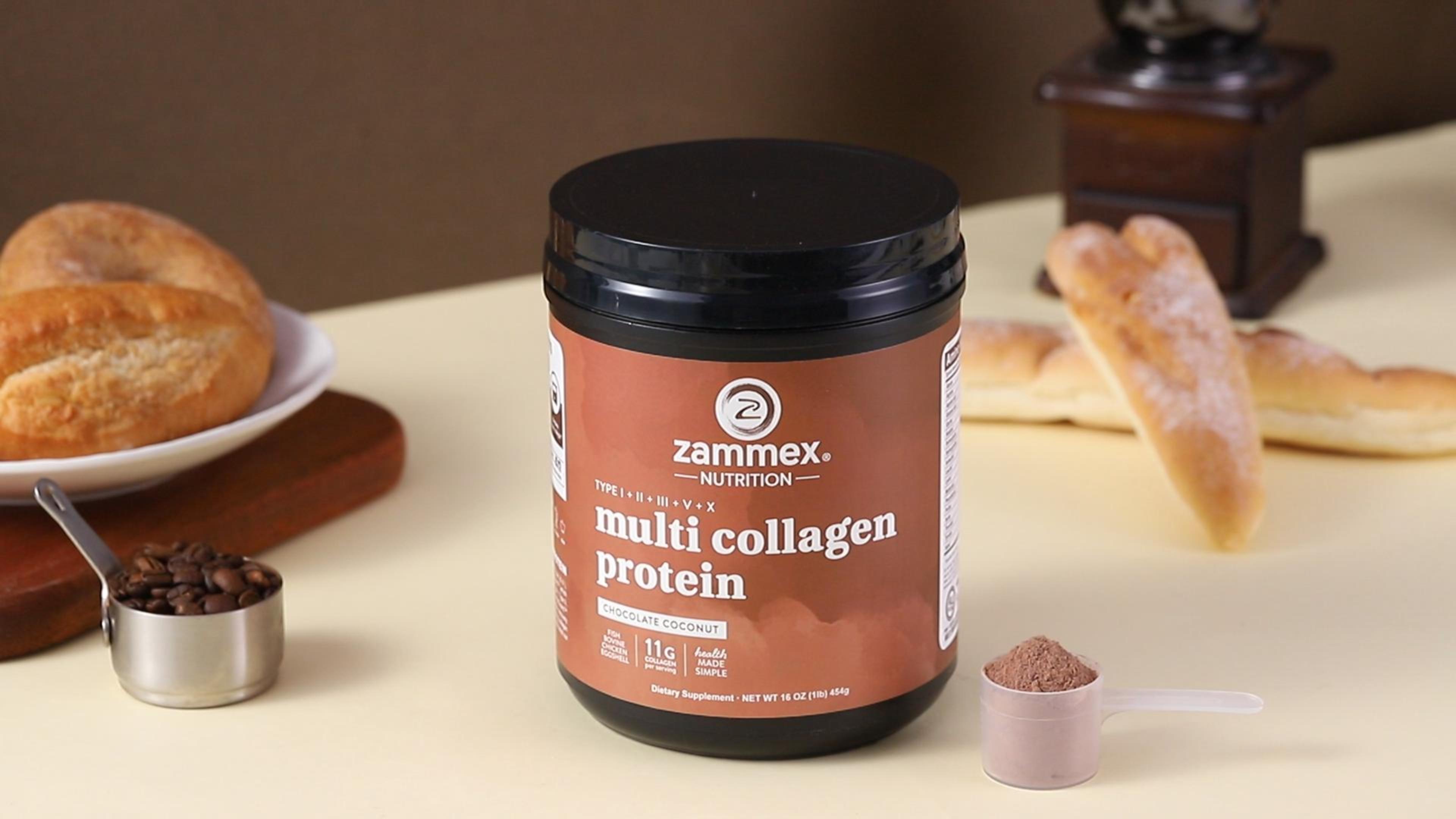 thumbnail video image 2 of Zammex Multi Collagen Peptides Powder 16oz, Hydrolyzed Collagen Protein Powder Collagen Types I,II,III,V,X, Chocolate &Coconut Flavor, 41 Servings, 2 of 7