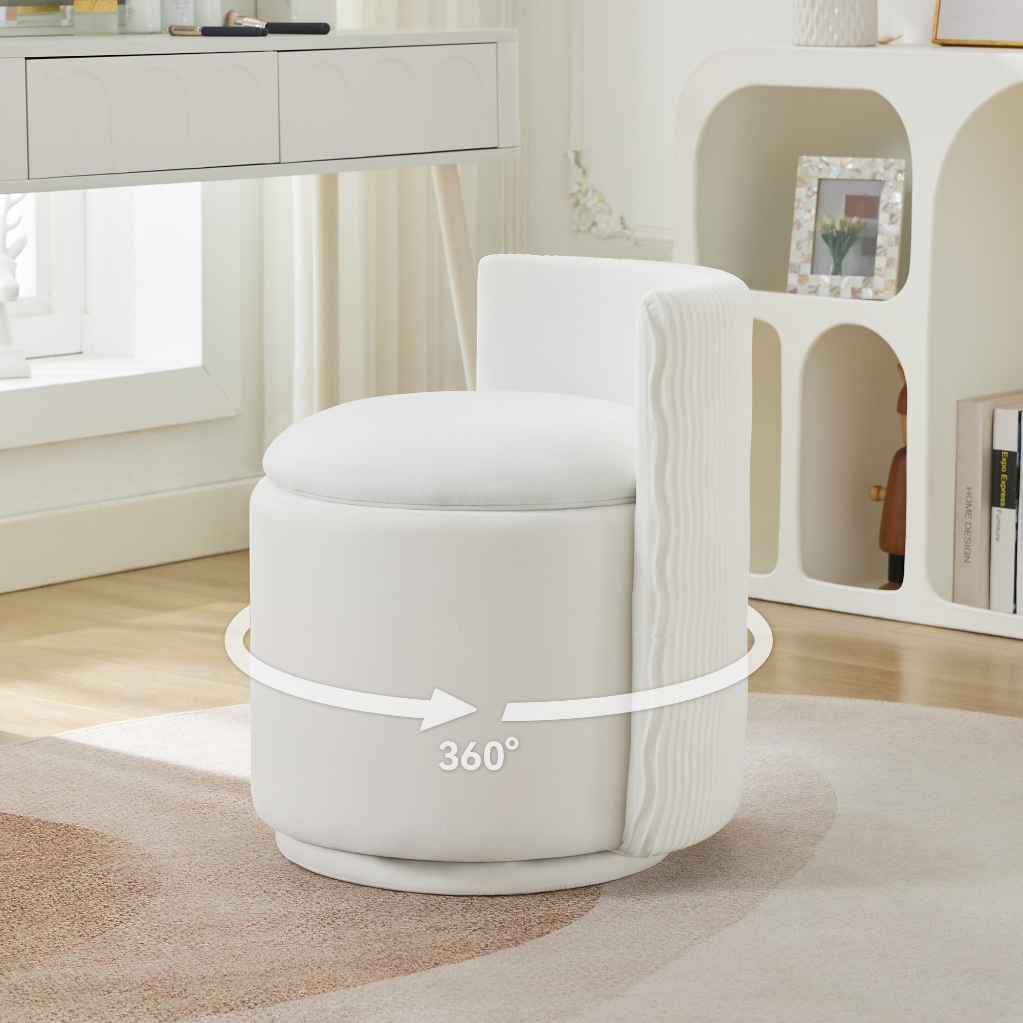 thumbnail video image 2 of Velvet Swivel Vanity Chair with Storage, Swivel Makeup Chair with Wave Back, No Assembly Small Accent Stool for Bedroom, Dressing, Living Room,White, 2 of 15