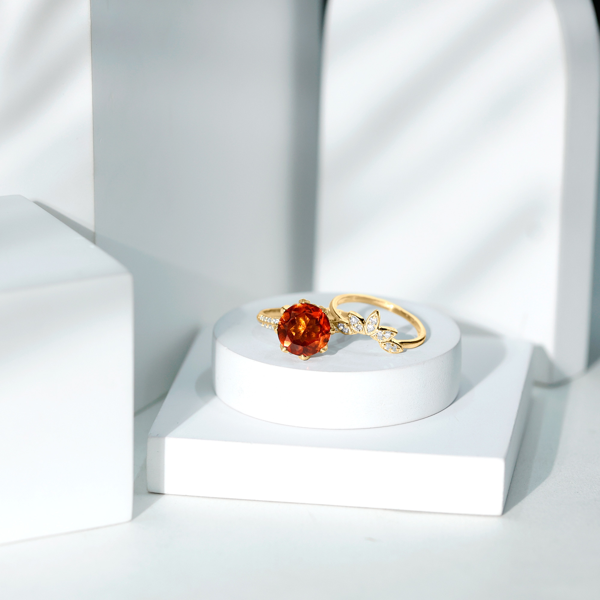 thumbnail video image 2 of Rosec Jewels Floral Ring Set with Lab Grown Orange Sapphire and Moissanite (8 mm Sapphire, AAAA Grade), 14K White Gold, US 3.50, 2 of 8