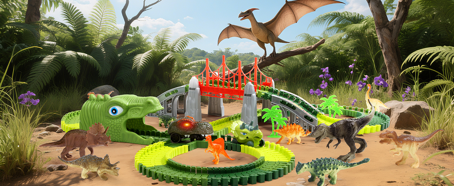 thumbnail video image 2 of Dinosaur Track Vehicle Playset for Kids – 225 Pcs Flexible Race Tracks, 1 Electric Dino Car with Light, 8 Dino Figures, Dinosaur Tunnel Gift for Ages 3–8, 2 of 10
