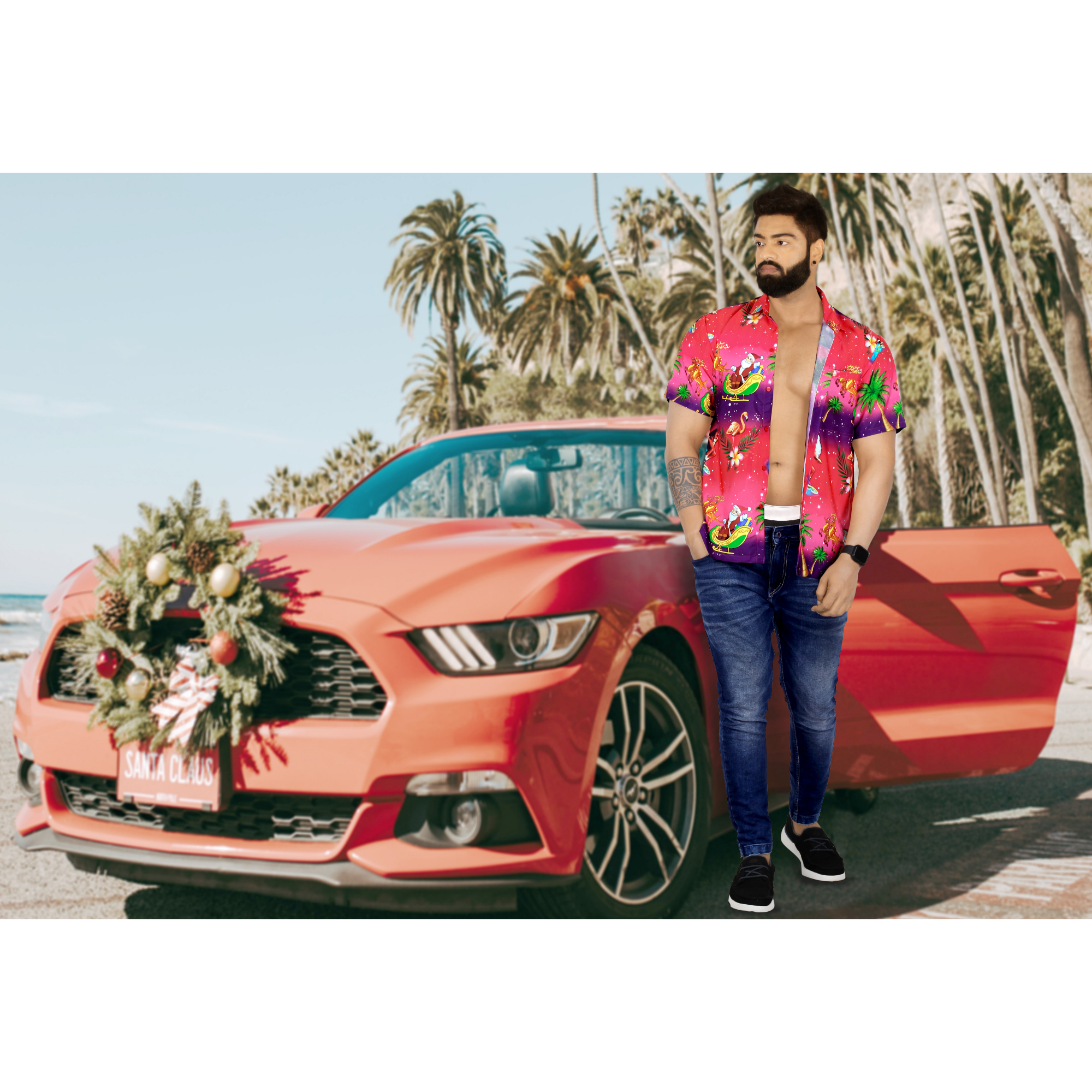 thumbnail video image 2 of HAPPY BAY Men's Beach Button Down Funky Santa Claus Party Dress Shirt Vacation Ugly Christmas Tree Hawaiian Gifts shirts for Men S Santa Surf, Pink, 2 of 7