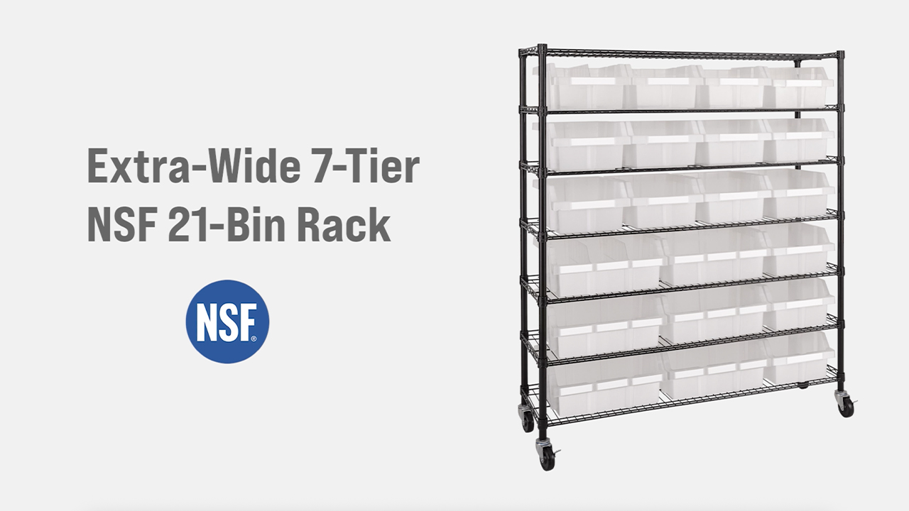 thumbnail video image 2 of Seville Classics Extra-Wide 7-Tier NSF 21-Bin Rack, 48" W x 14.25" D x 56" H, Semi-Translucent Frosted White, 2 of 5