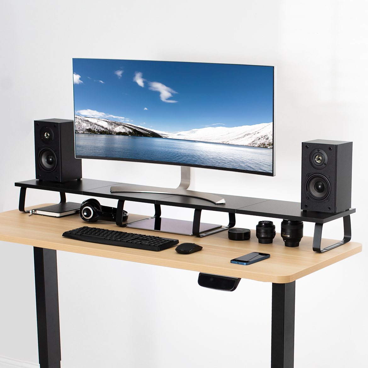 thumbnail video image 2 of VIVO Black Wood 55" Wide Desktop Stand Ergonomic TV Monitor Riser Desk Organizer, 2 of 9