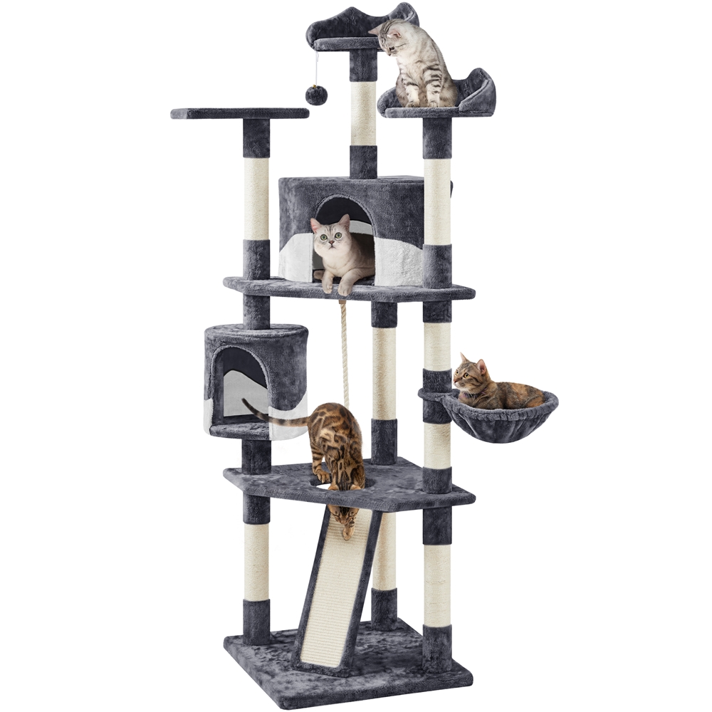 thumbnail video image 2 of Yaheetech 79'' Multilevel Cat Tree with Basket Scratching Posts Ramp, Dark Gray & White, 2 of 10